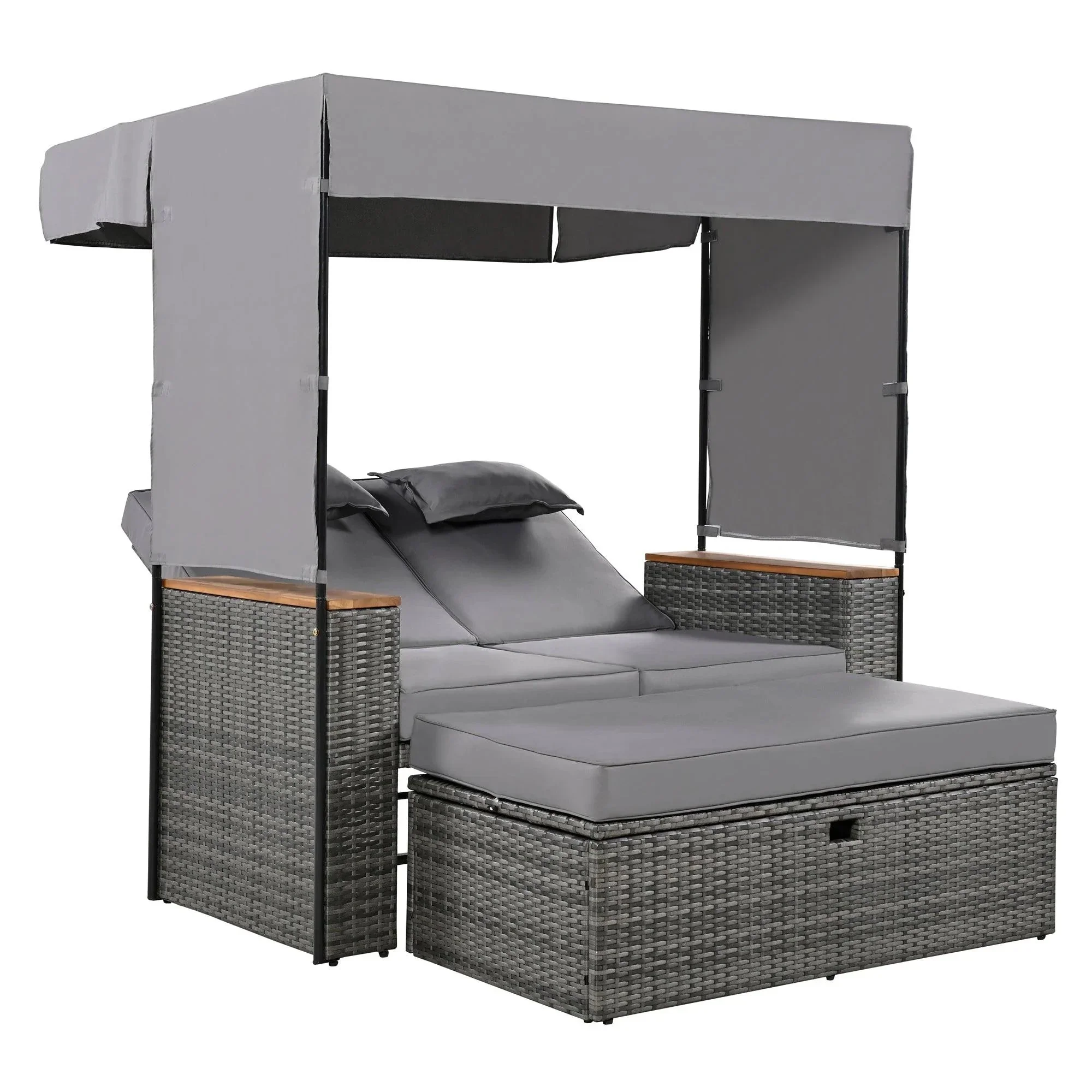 Parrot Uncle 2-Piece Outdoor Rattan Daybed with Bench Lounge Roof Set and Cushions for Poolside, Backyard and Garden - Image 35
