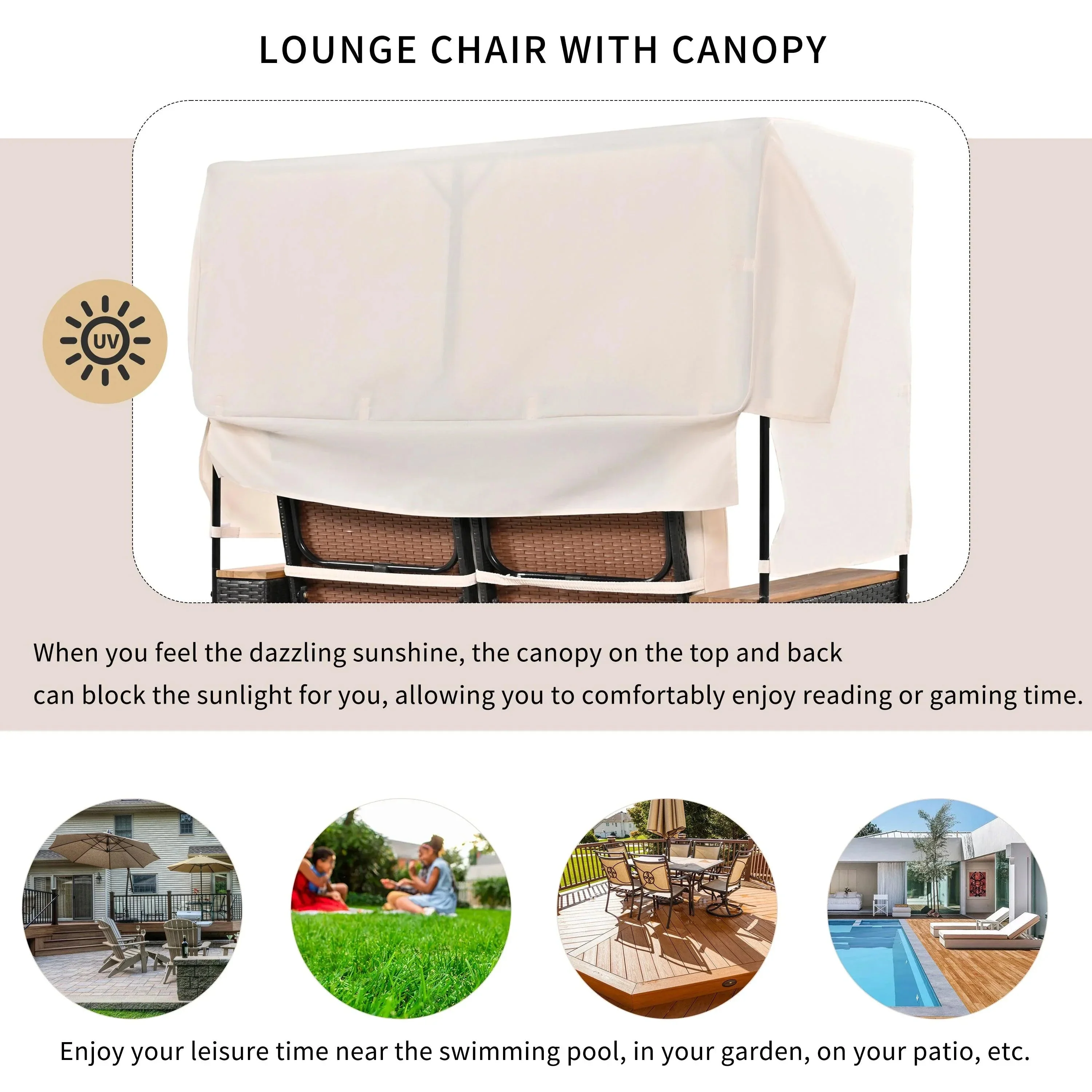 Parrot Uncle 2-Piece Outdoor Rattan Daybed with Bench Lounge Roof Set and Cushions for Poolside, Backyard and Garden - Image 5