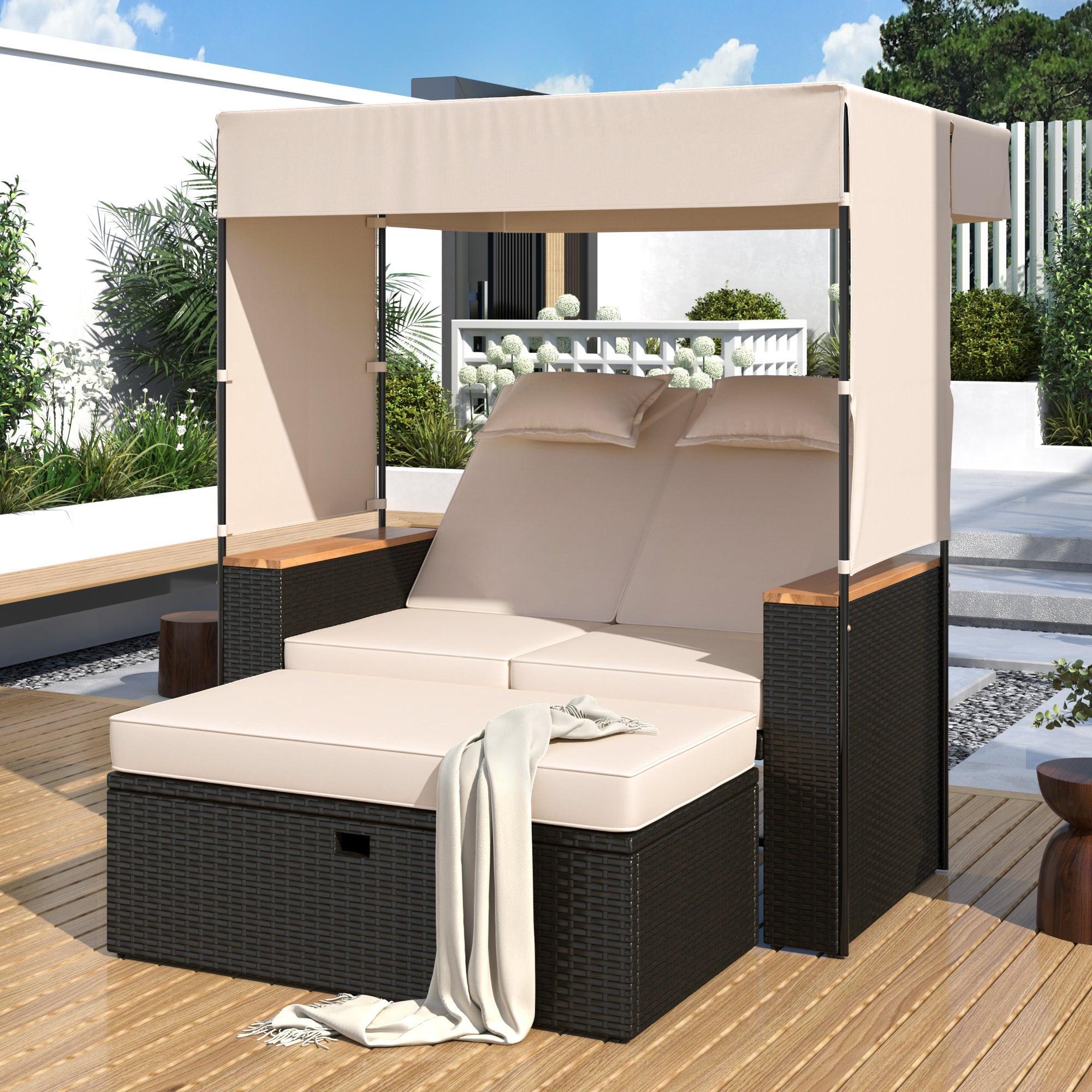 Parrot Uncle 2-Piece Outdoor Rattan Daybed with Bench Lounge Roof Set and Cushions for Poolside, Backyard and Garden - Image 7