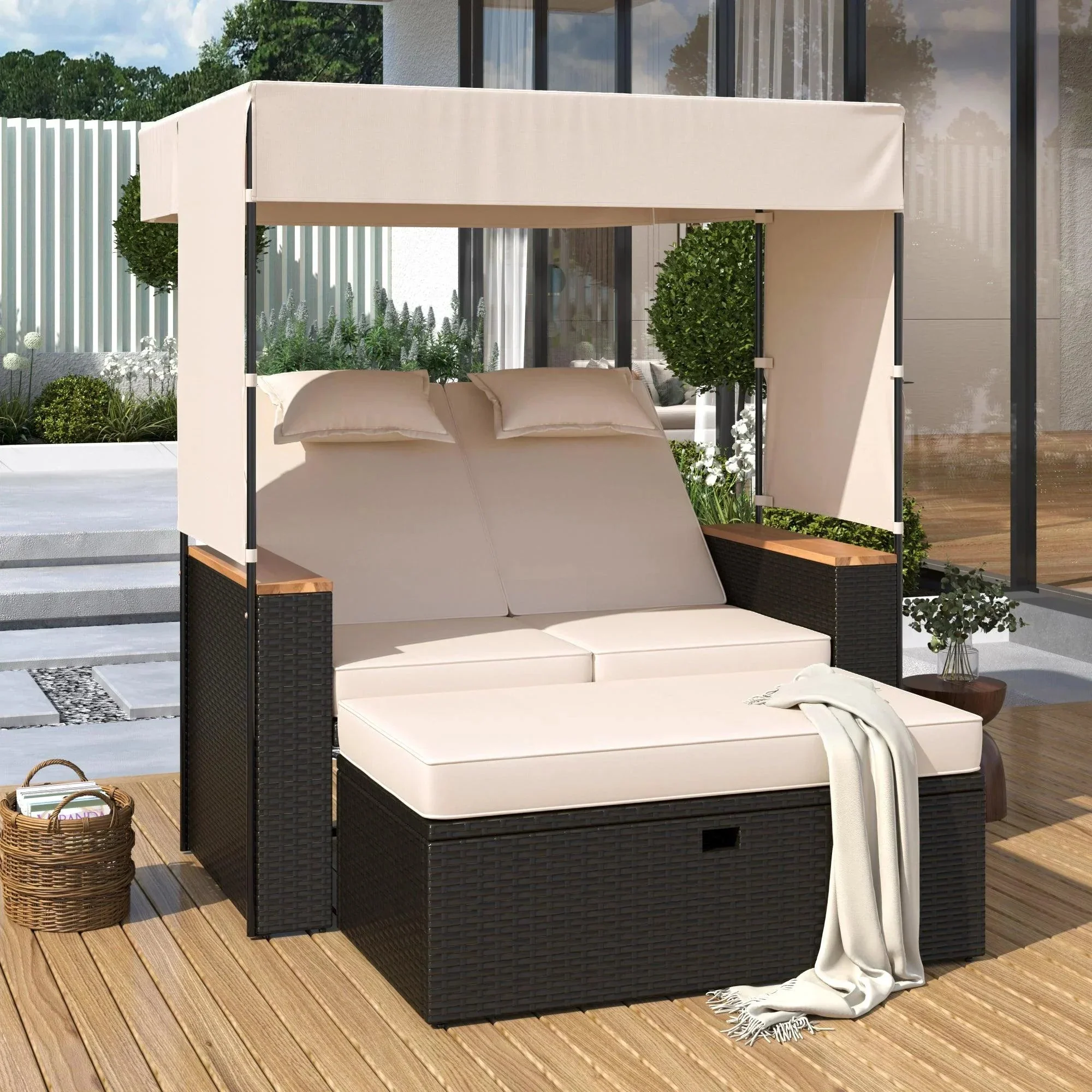 Parrot Uncle 2-Piece Outdoor Rattan Daybed with Bench Lounge Roof Set and Cushions for Poolside, Backyard and Garden - Image 8