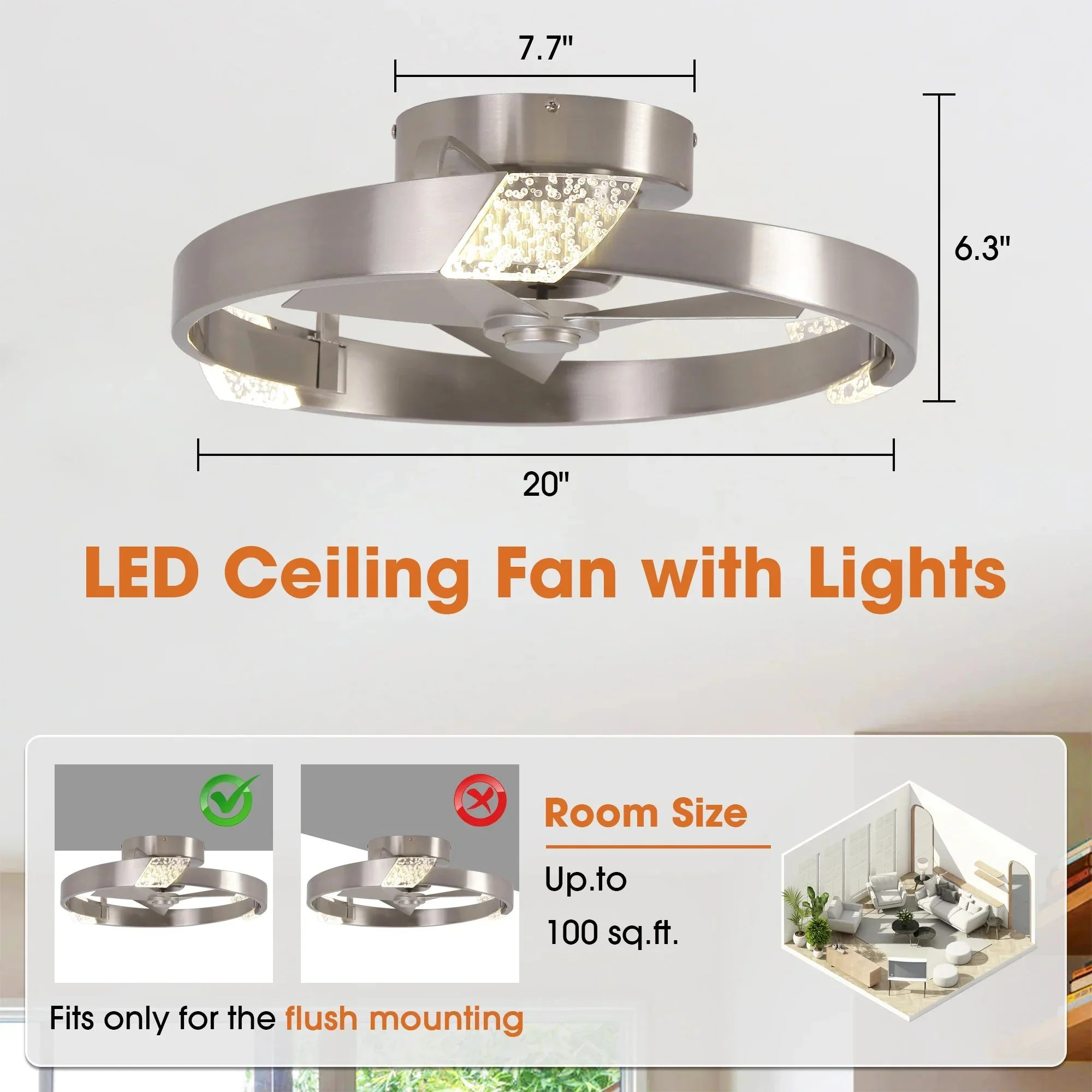 Parrot Uncle 20-Inch Hazel Satin Nickel Flush Mount LED Ceiling Fan with Remote Control (F3009) - Image 11