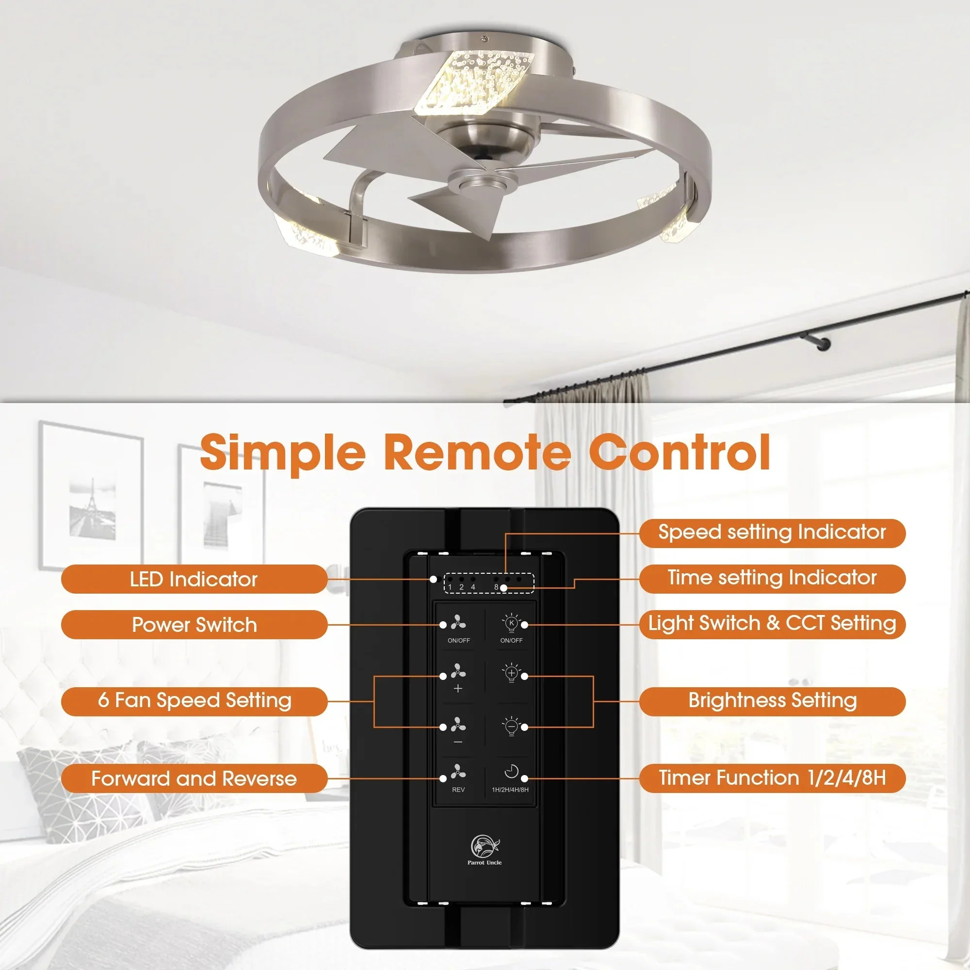 Parrot Uncle 20-Inch Hazel Satin Nickel Flush Mount LED Ceiling Fan with Remote Control (F3009) - Image 8