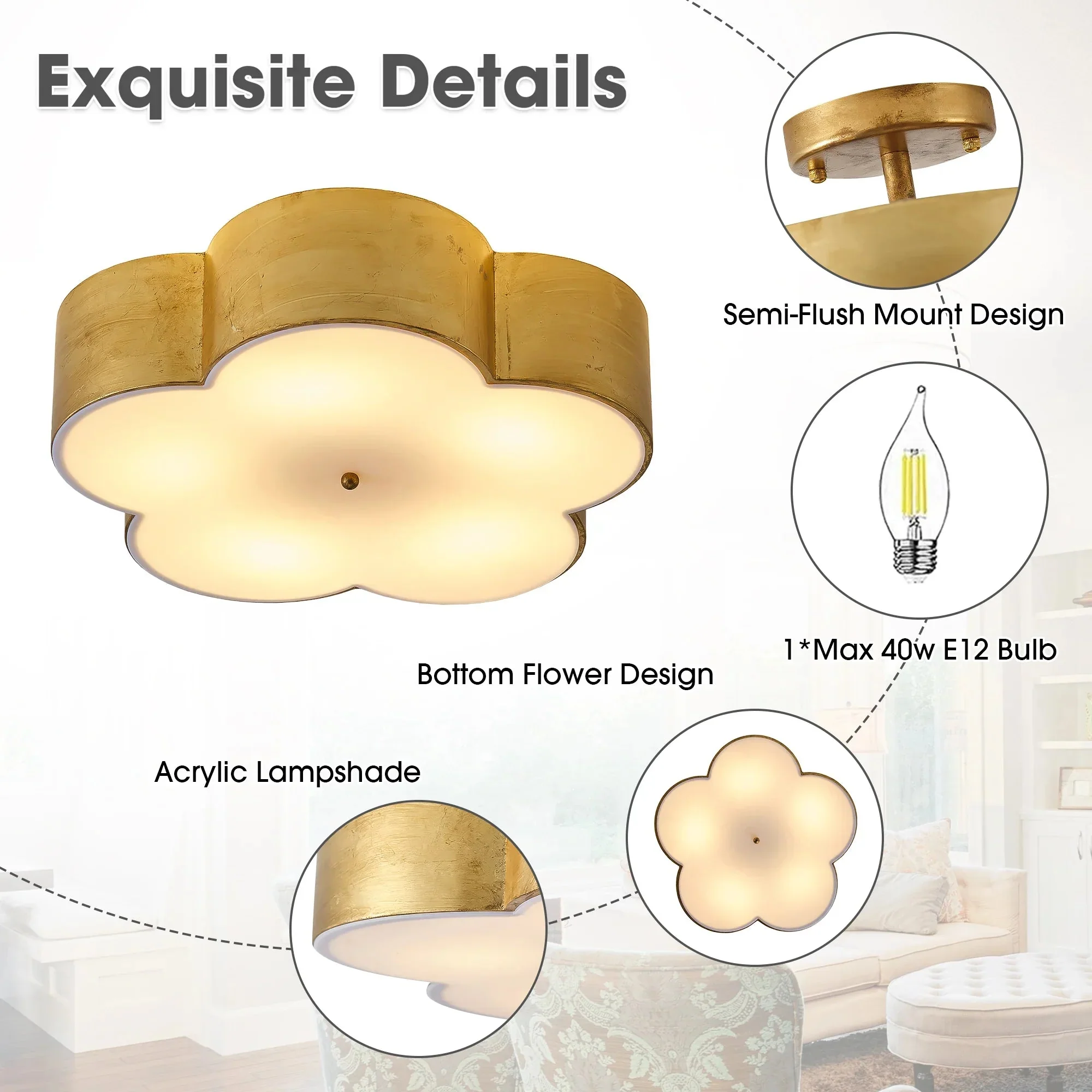 Parrot Uncle 20-Inch Joyce 5-Light Vintage Golden Semi-Flush Mount Ceiling Light (BBC3004) - Image 6
