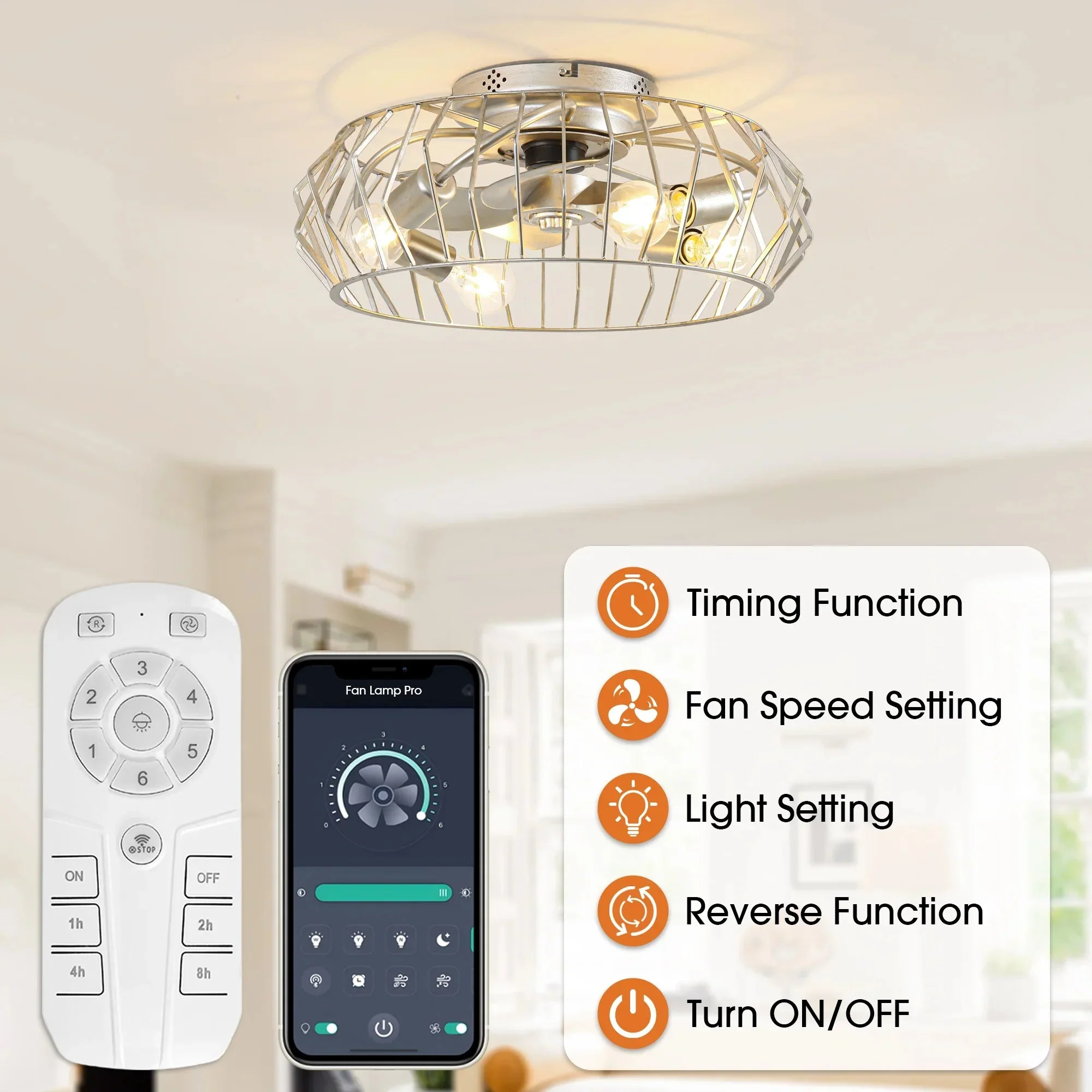 Parrot Uncle 20-Inch Silver Flush Mount Ceiling Fan with Light APP and Remote Control (BBF3001) - Image 7
