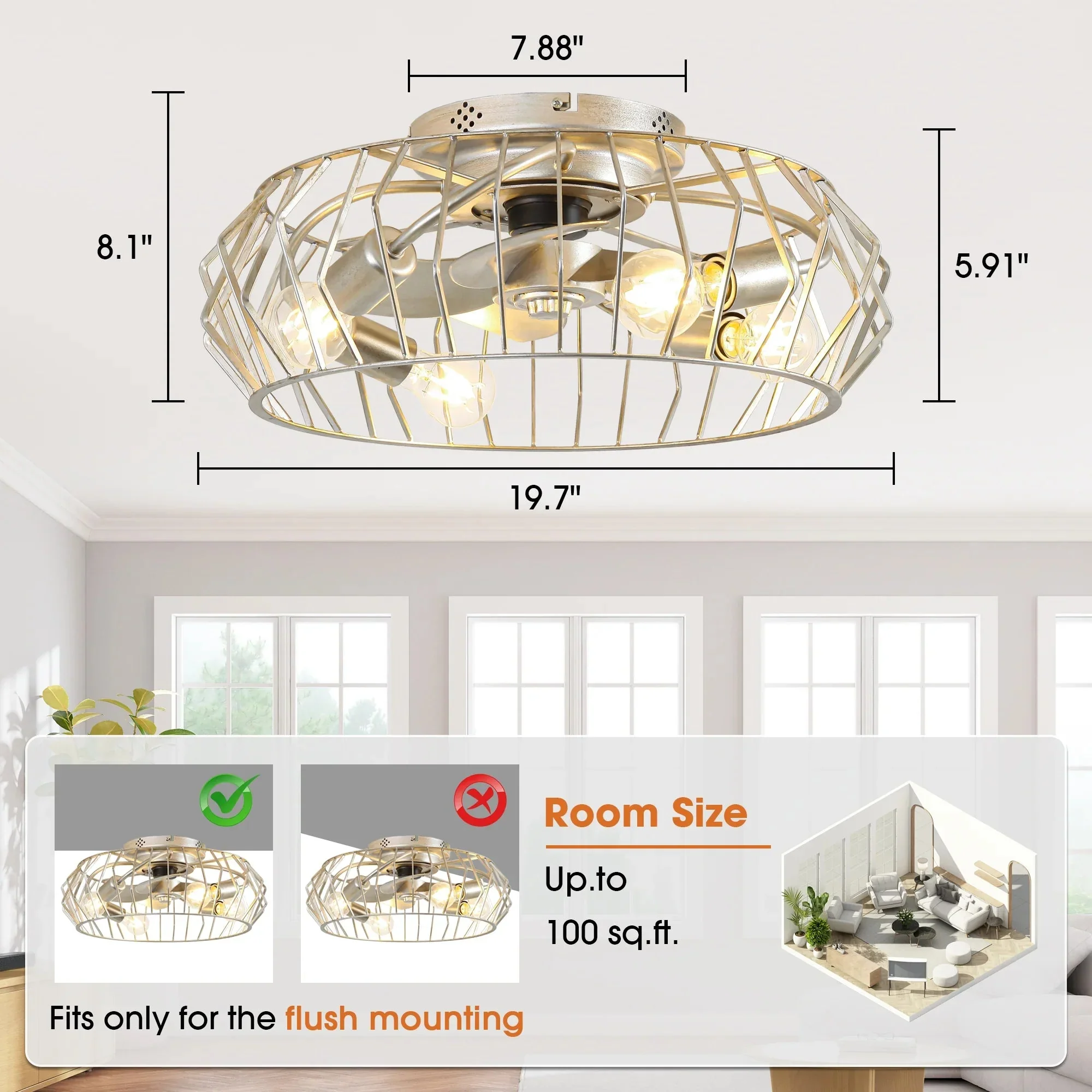 Parrot Uncle 20-Inch Silver Flush Mount Ceiling Fan with Light APP and Remote Control (BBF3001) - Image 9