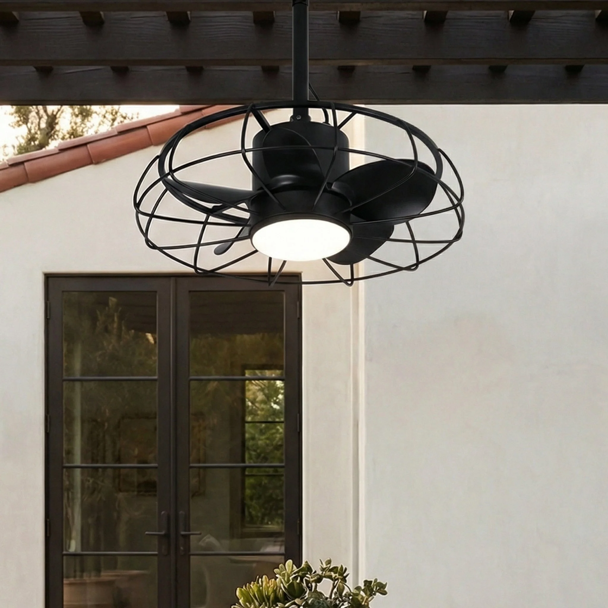 Parrot Uncle 20-Inch Vistula Outdoor DC Motor Black Industrial Hanging Buckle Downrod Ceiling Fan with Light (F2001BK) - Image 3