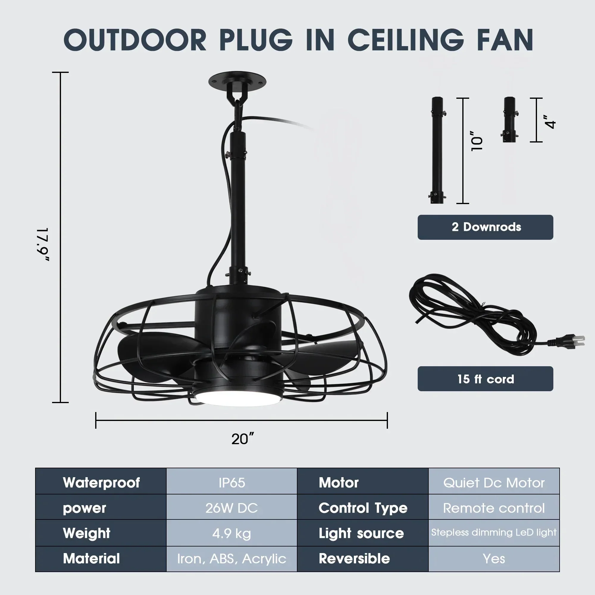 Parrot Uncle 20-Inch Vistula Outdoor DC Motor Black Industrial Hanging Buckle Downrod Ceiling Fan with Light (F2001BK) - Image 4