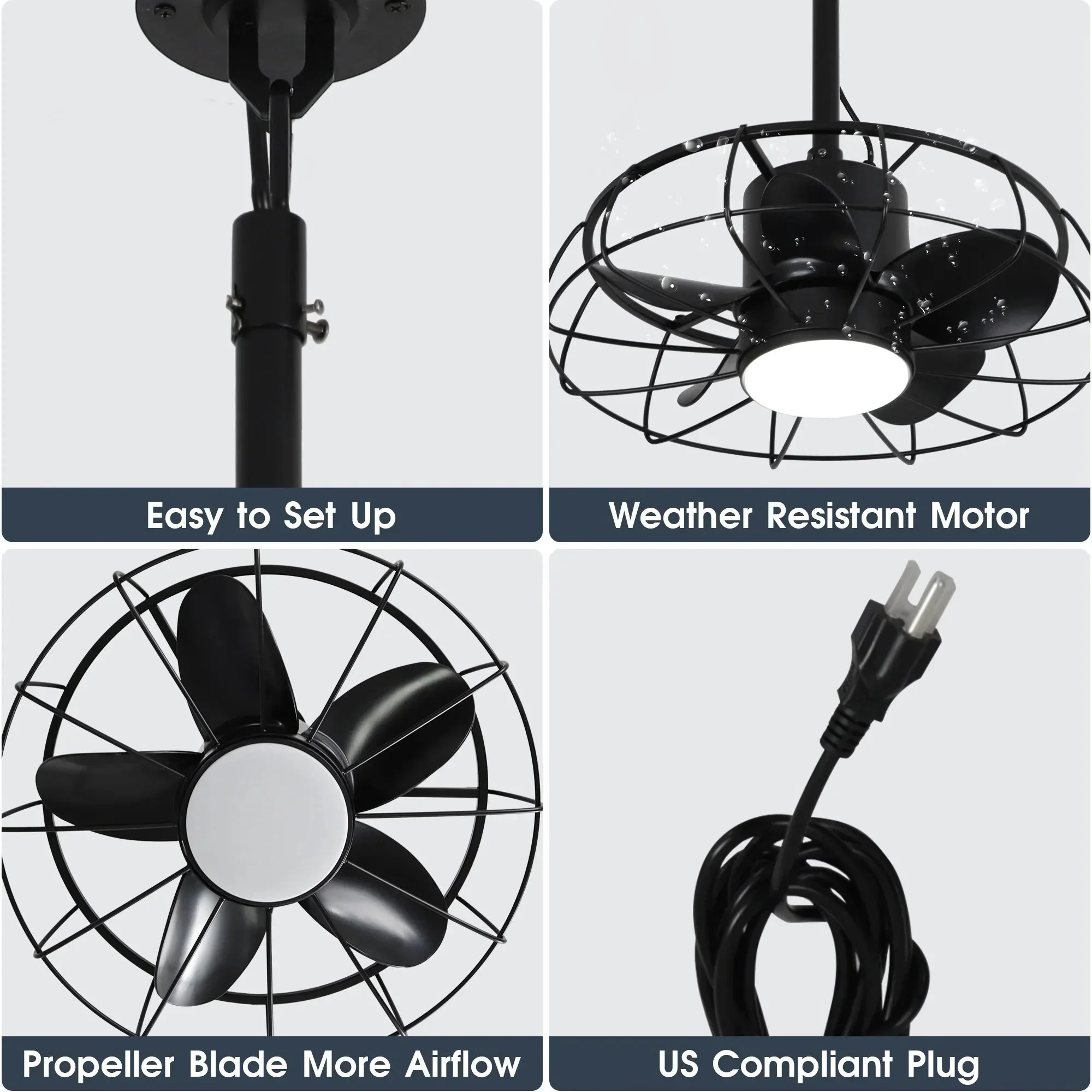 Parrot Uncle 20-Inch Vistula Outdoor DC Motor Black Industrial Hanging Buckle Downrod Ceiling Fan with Light (F2001BK) - Image 5