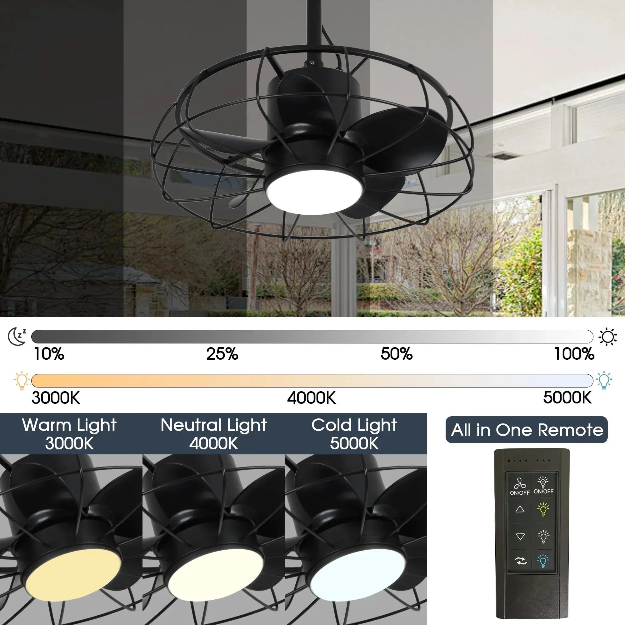 Parrot Uncle 20-Inch Vistula Outdoor DC Motor Black Industrial Hanging Buckle Downrod Ceiling Fan with Light (F2001BK) - Image 6