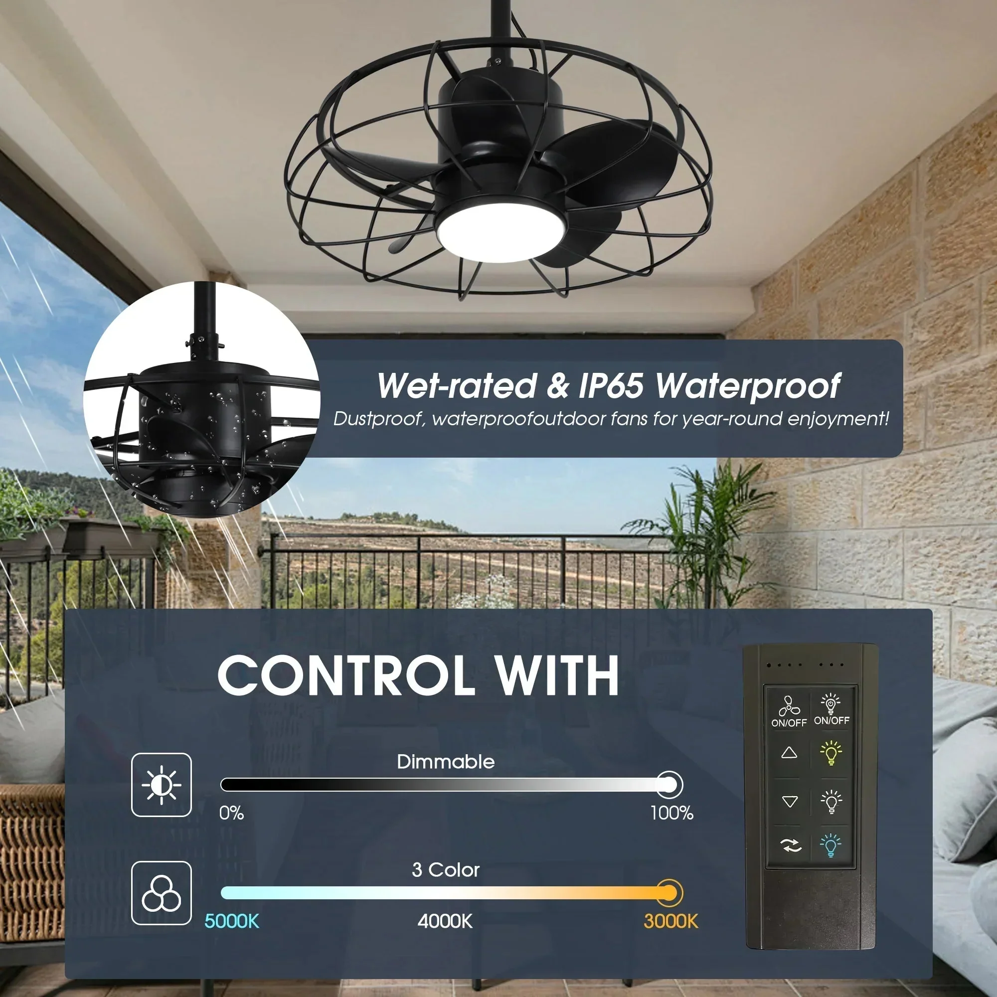 Parrot Uncle 20-Inch Vistula Outdoor DC Motor Black Industrial Hanging Buckle Downrod Ceiling Fan with Light (F2001BK) - Image 7