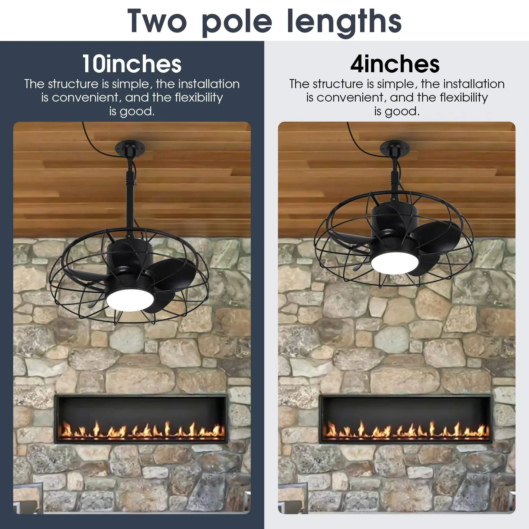 Parrot Uncle 20-Inch Vistula Outdoor DC Motor Black Industrial Hanging Buckle Downrod Ceiling Fan with Light (F2001BK) - Image 8
