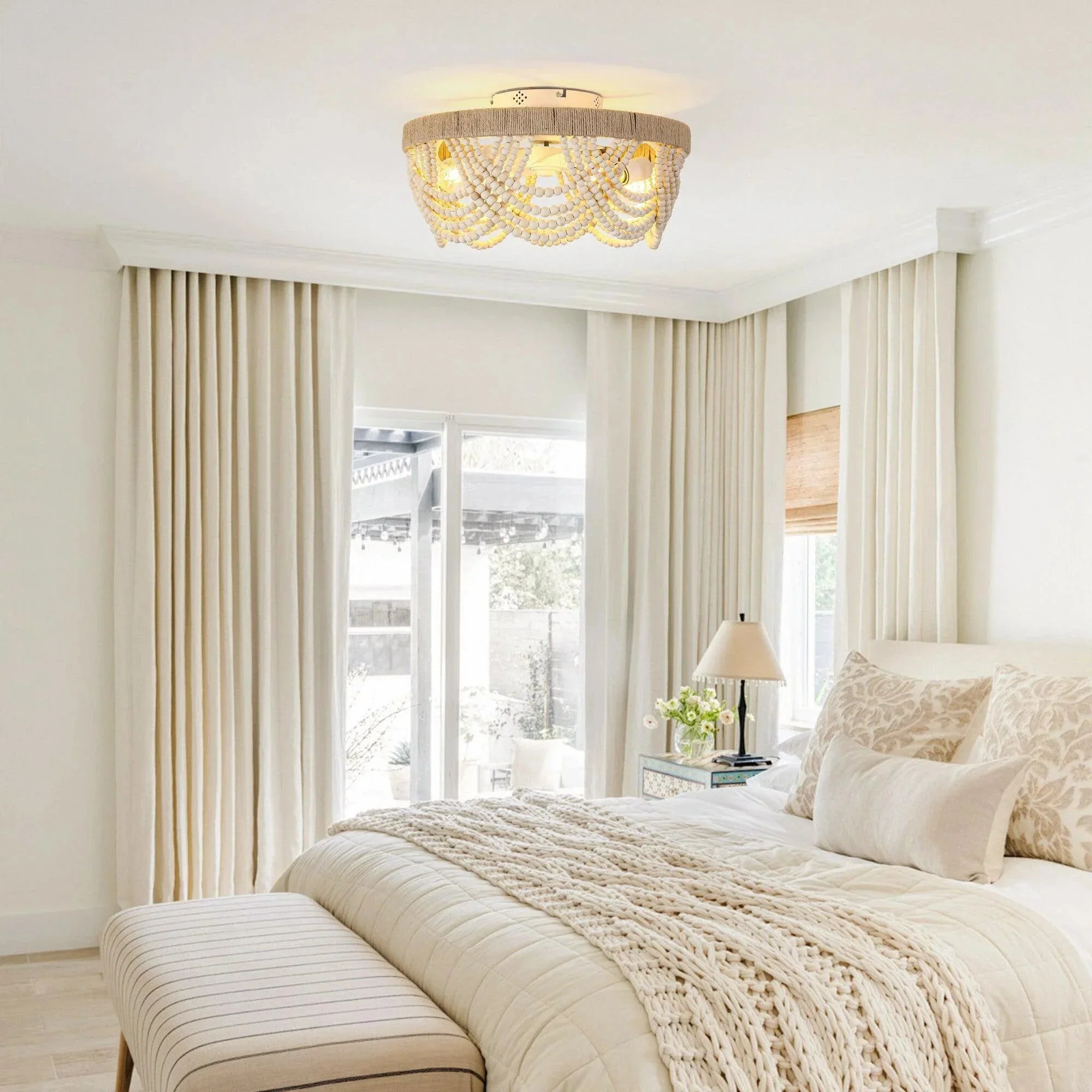 Parrot Uncle 20-Inch White Farmhouse Handmade Wooden Beads Flush Mount Ceiling Fan with APP Remote Control and Lighting (BBF3006) - Image 3