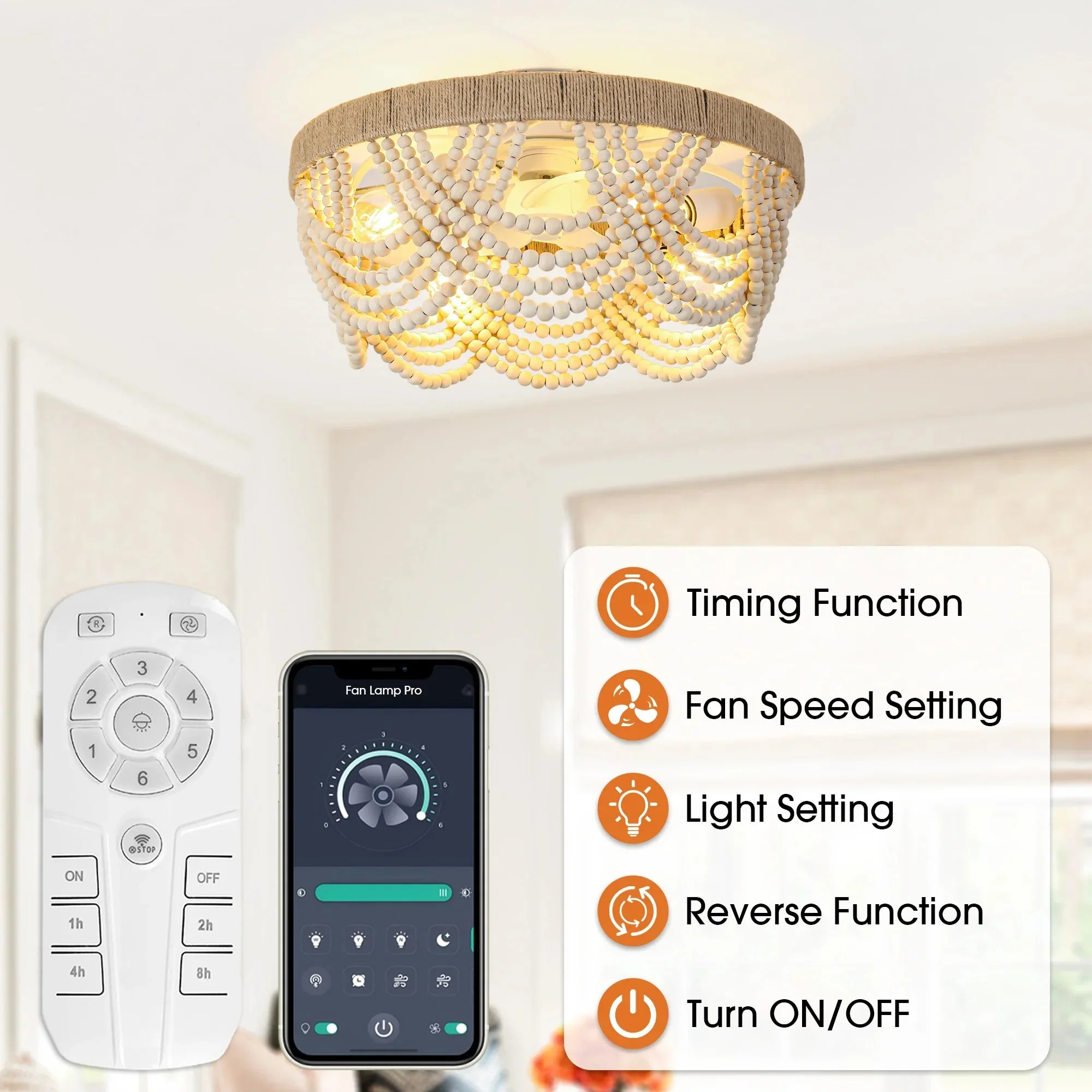 Parrot Uncle 20-Inch White Farmhouse Handmade Wooden Beads Flush Mount Ceiling Fan with APP Remote Control and Lighting (BBF3006) - Image 6