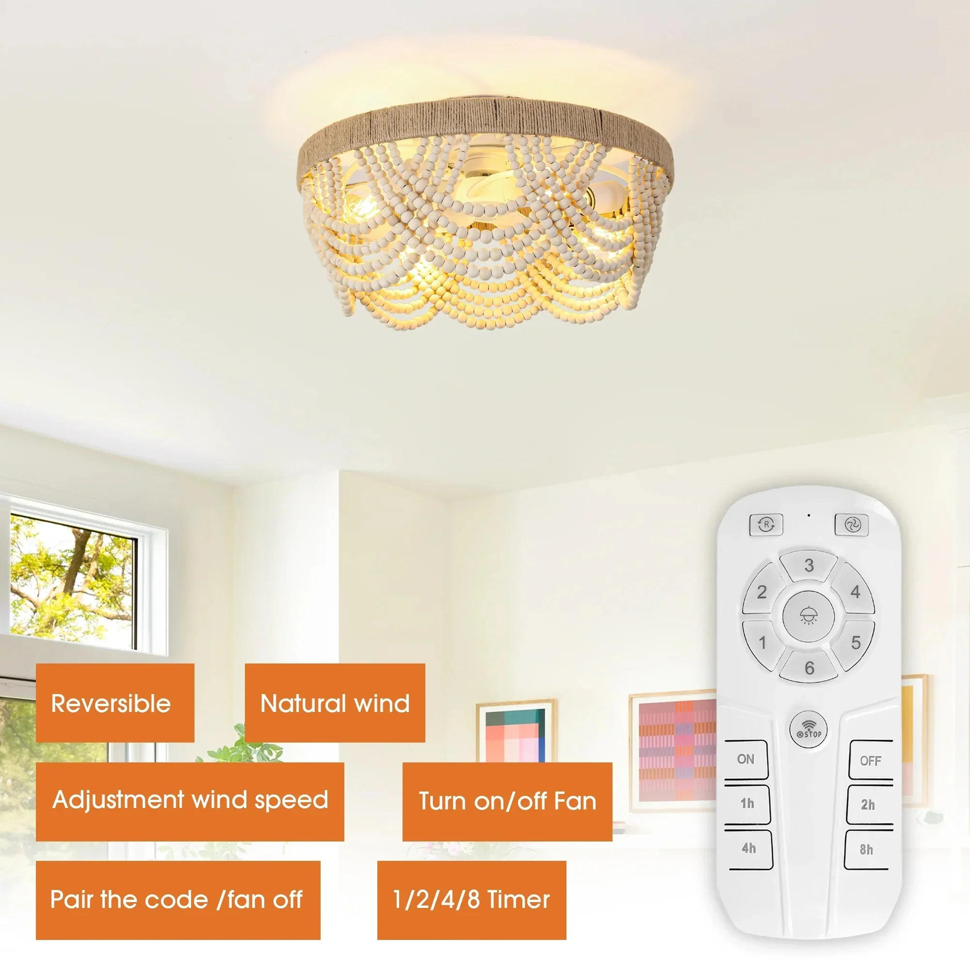 Parrot Uncle 20-Inch White Farmhouse Handmade Wooden Beads Flush Mount Ceiling Fan with APP Remote Control and Lighting (BBF3006) - Image 7