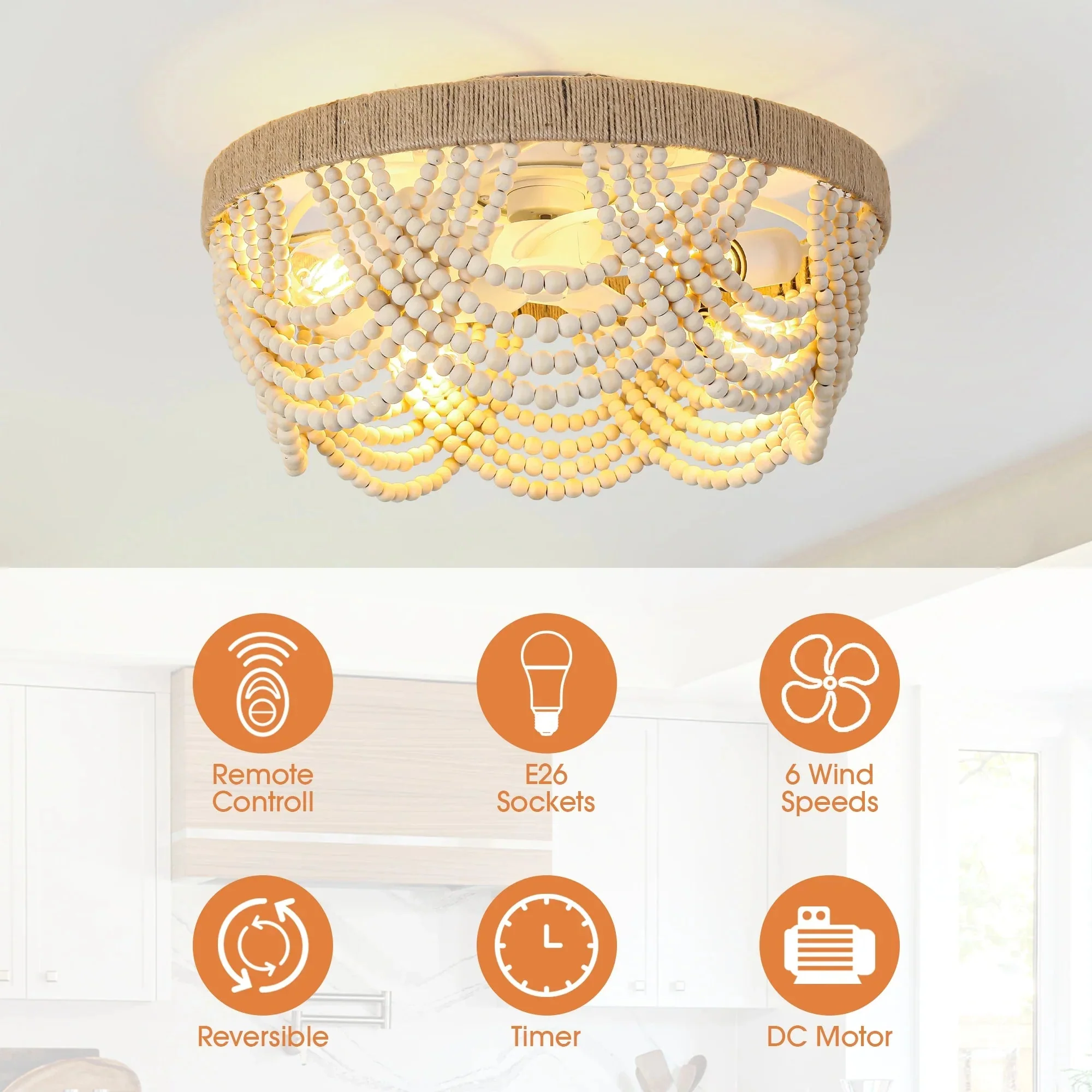 Parrot Uncle 20-Inch White Farmhouse Handmade Wooden Beads Flush Mount Ceiling Fan with APP Remote Control and Lighting (BBF3006) - Image 8
