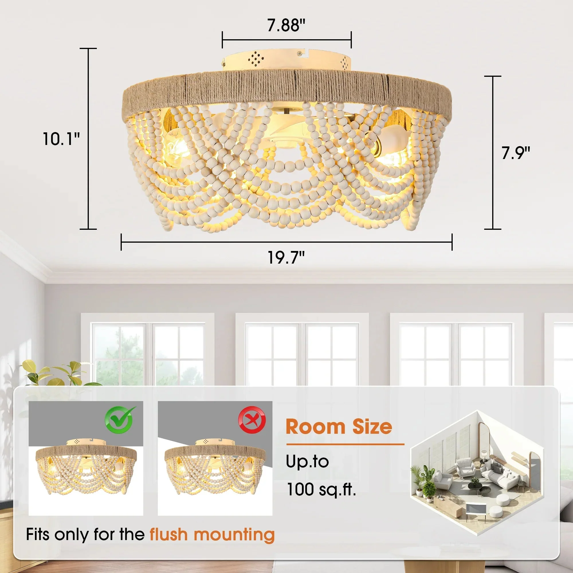 Parrot Uncle 20-Inch White Farmhouse Handmade Wooden Beads Flush Mount Ceiling Fan with APP Remote Control and Lighting (BBF3006) - Image 9