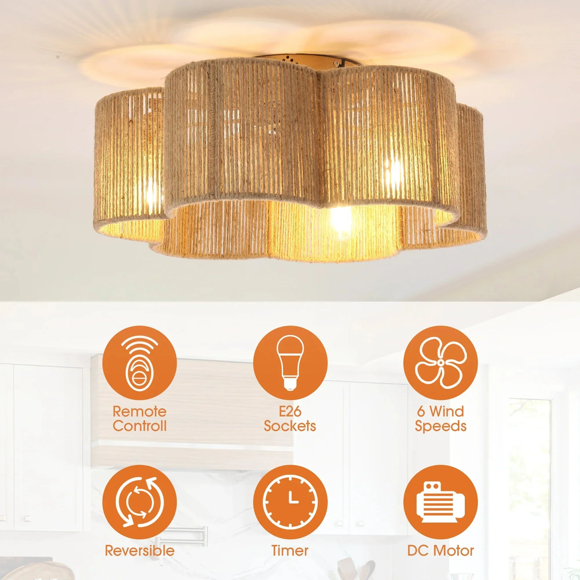 Parrot Uncle 21-Inch Golden Flower-shape Farmhouse Rattan Flush Mount Ceiling Fan with Light APP and Remote Control (BBF3003) - Image 4