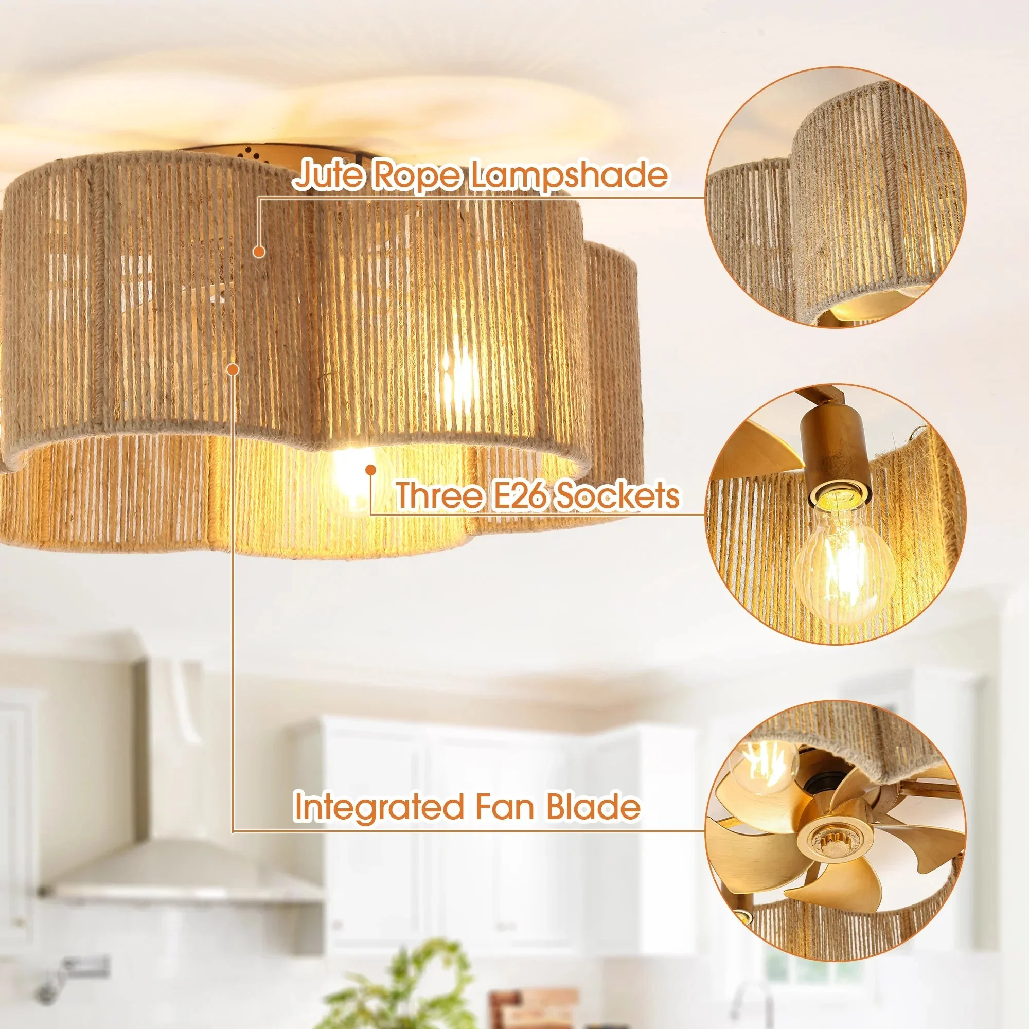 Parrot Uncle 21-Inch Golden Flower-shape Farmhouse Rattan Flush Mount Ceiling Fan with Light APP and Remote Control (BBF3003) - Image 6