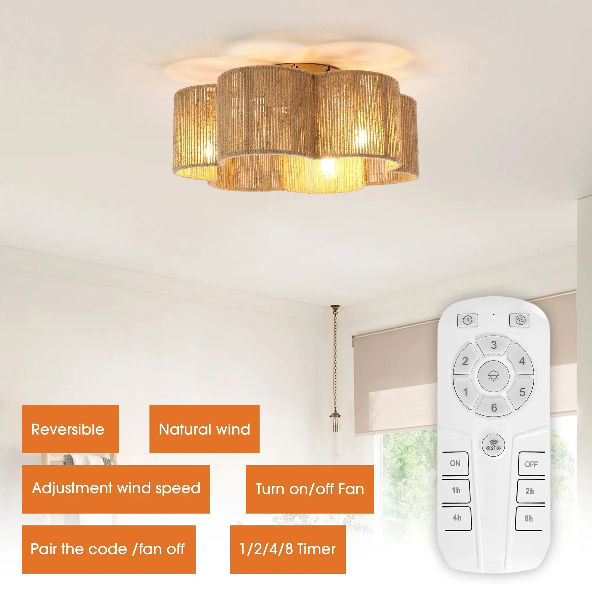 Parrot Uncle 21-Inch Golden Flower-shape Farmhouse Rattan Flush Mount Ceiling Fan with Light APP and Remote Control (BBF3003) - Image 7