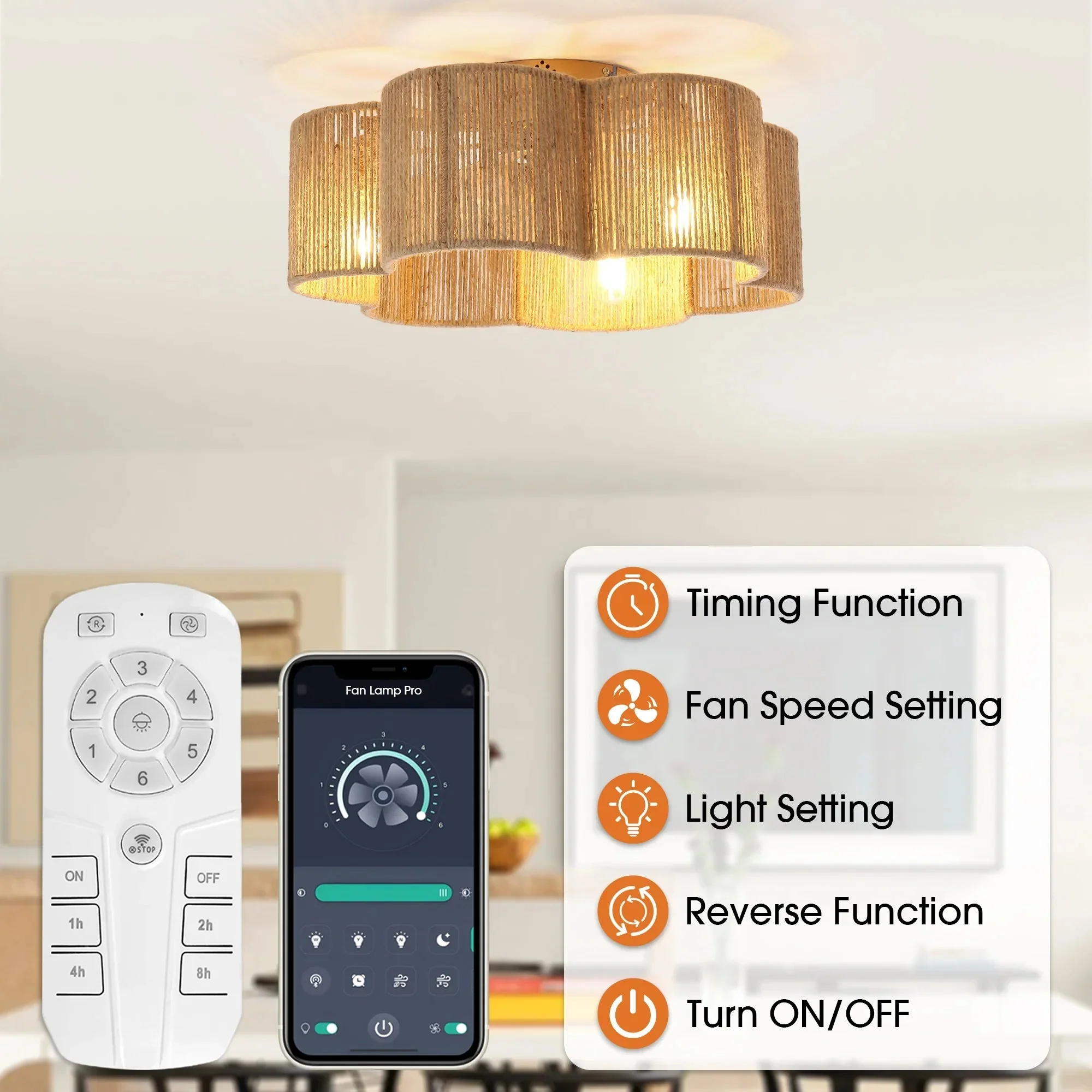 Parrot Uncle 21-Inch Golden Flower-shape Farmhouse Rattan Flush Mount Ceiling Fan with Light APP and Remote Control (BBF3003) - Image 8