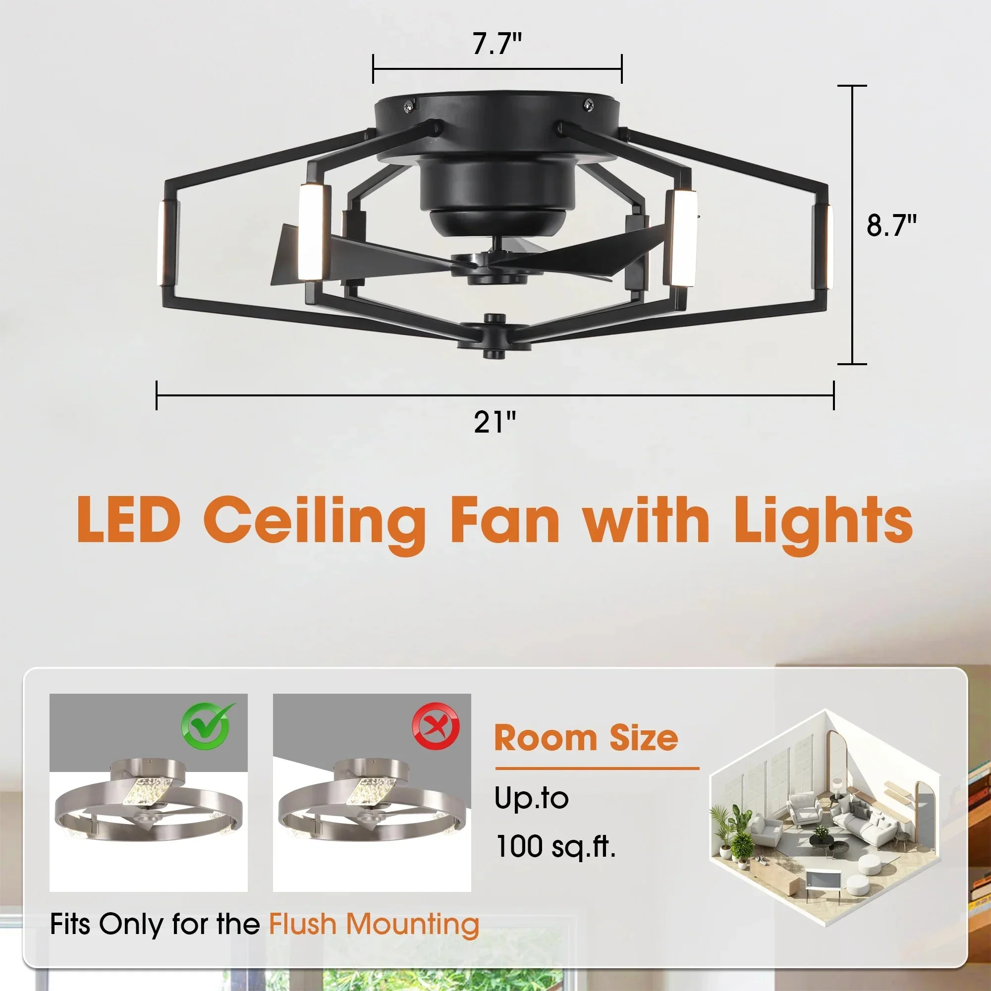 Parrot Uncle 21-Inch Wade Black Industrial Flush Mount LED Ceiling Fan (F3010) - Image 8