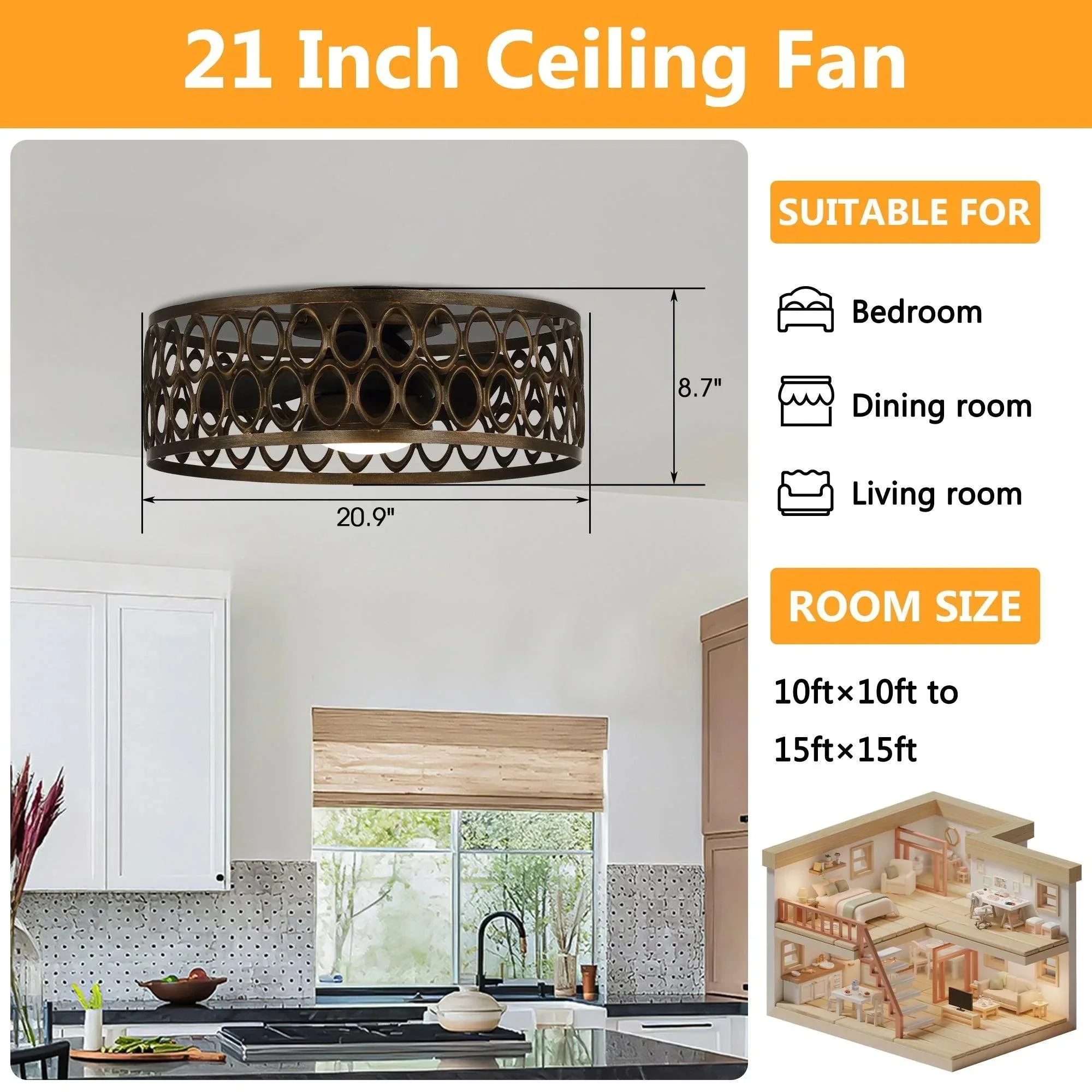 Parrot Uncle 21-Inch Kanpur Farmhouse Flush Mount Reversible Ceiling Fan with LED Lighting and Remote Control (A570301CA110V) - Image 12