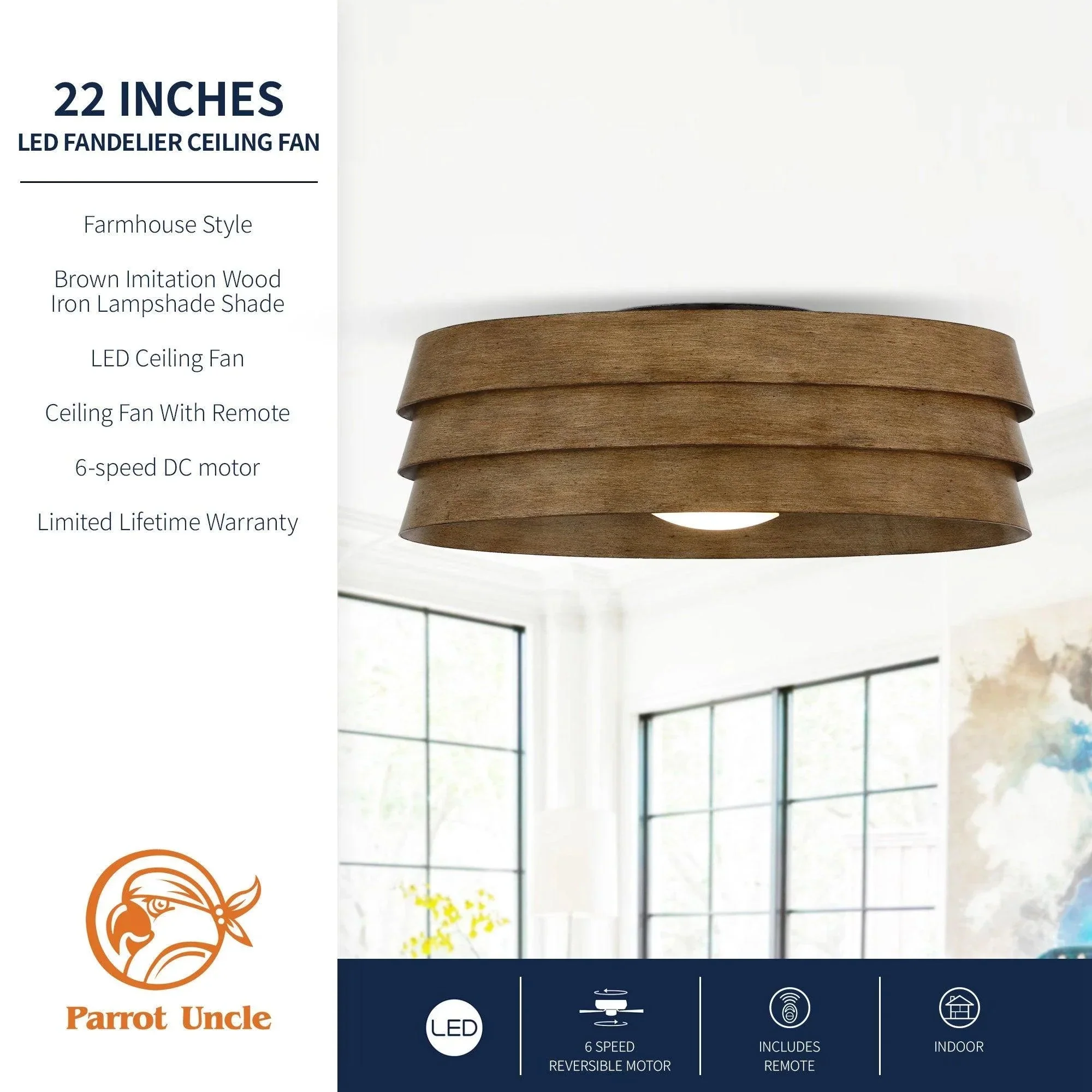 Parrot Uncle 22-Inch Farmhouse Flush Mount Reversible Ceiling Fan with LED Lighting and Remote Control (A560701CA110V) - Image 4