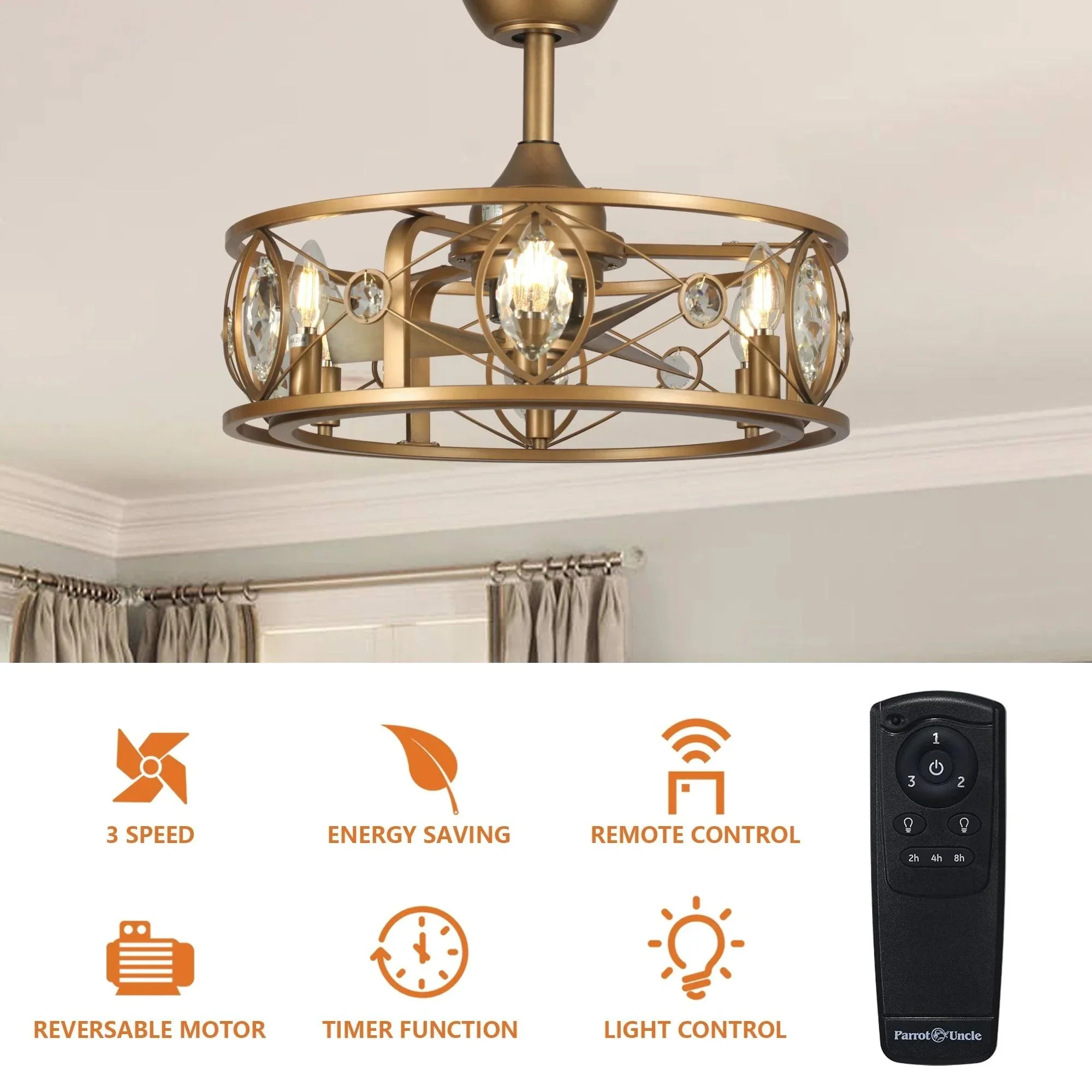 Parrot Uncle 22-Inch Kashmir Modern Glod Reversible Crystal Fandelier Ceiling Fan with Lighting and Remote Control (F8248BV110V) - Image 6