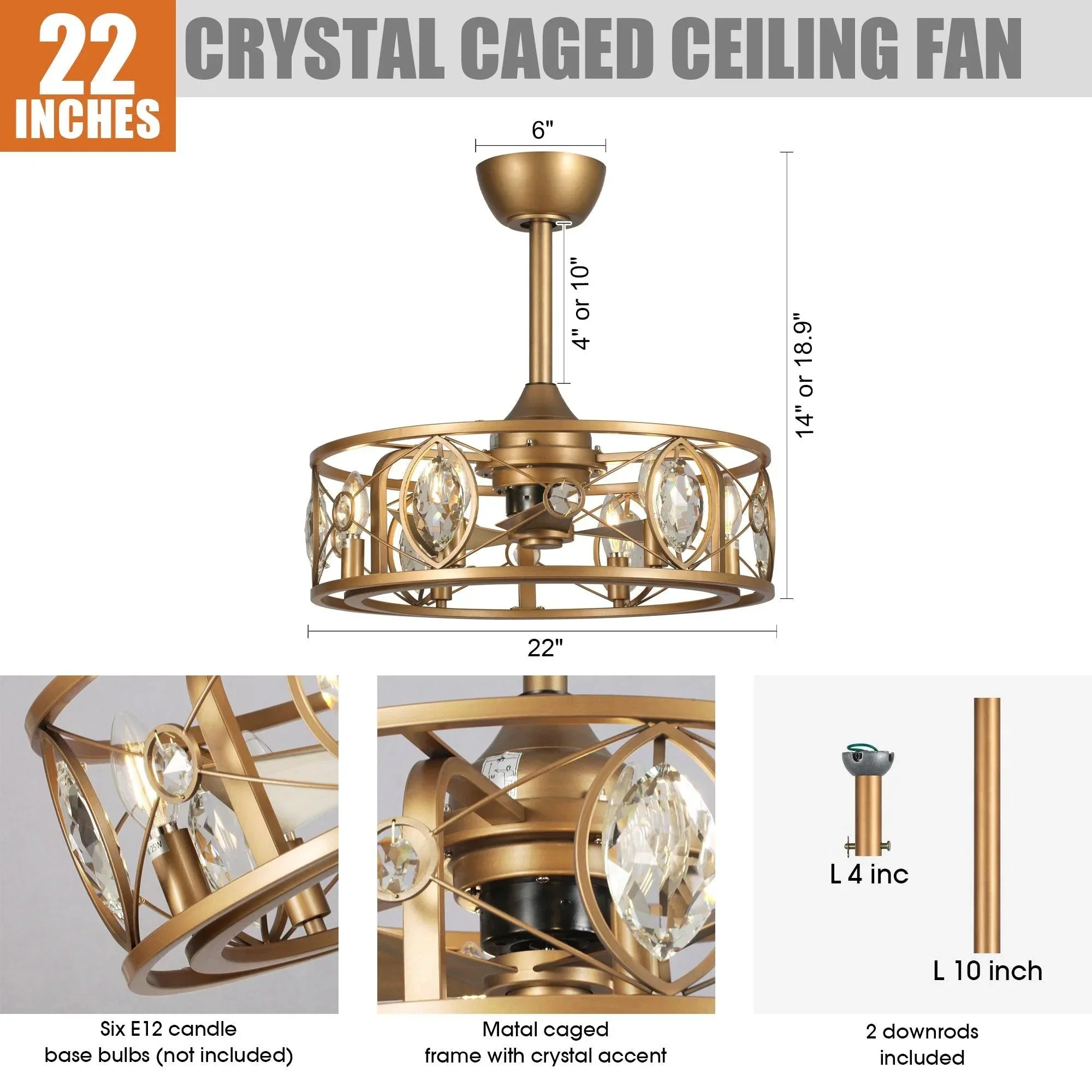 Parrot Uncle 22-Inch Kashmir Modern Glod Reversible Crystal Fandelier Ceiling Fan with Lighting and Remote Control (F8248BV110V) - Image 9