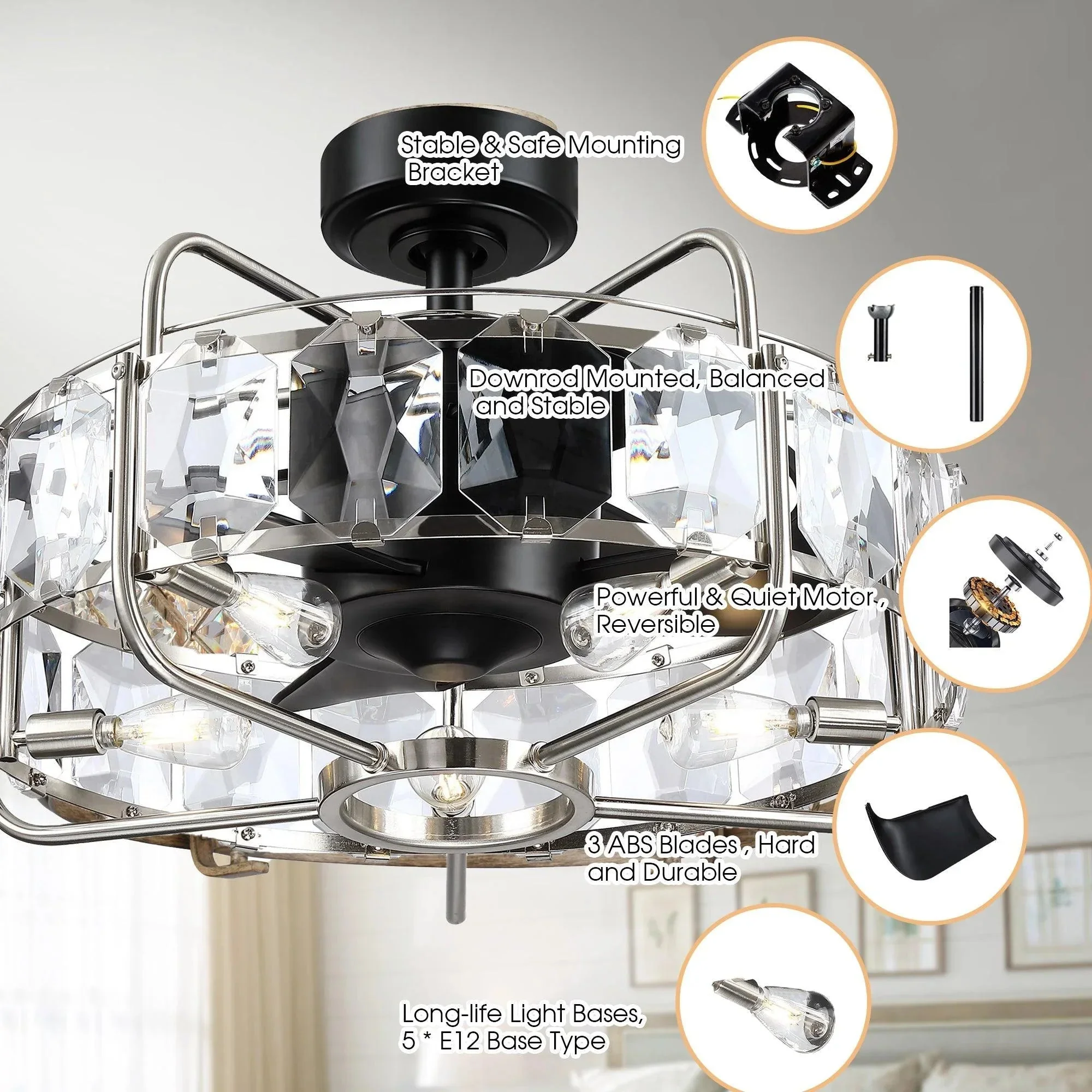 Parrot Uncle 23-Inch Modern DC Motor Downrod Mount Reversible Fandelier Ceiling Fan with Lighting and Remote Control (F8237110V) - Image 4