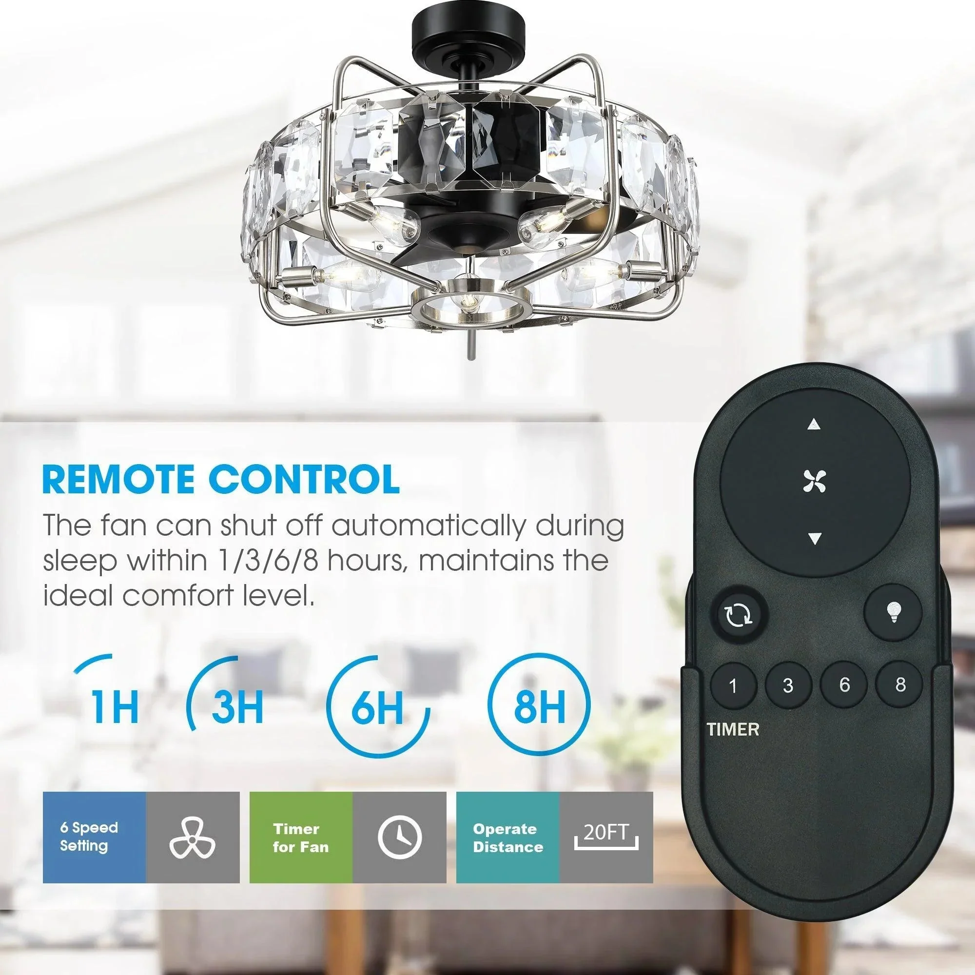 Parrot Uncle 23-Inch Modern DC Motor Downrod Mount Reversible Fandelier Ceiling Fan with Lighting and Remote Control (F8237110V) - Image 6