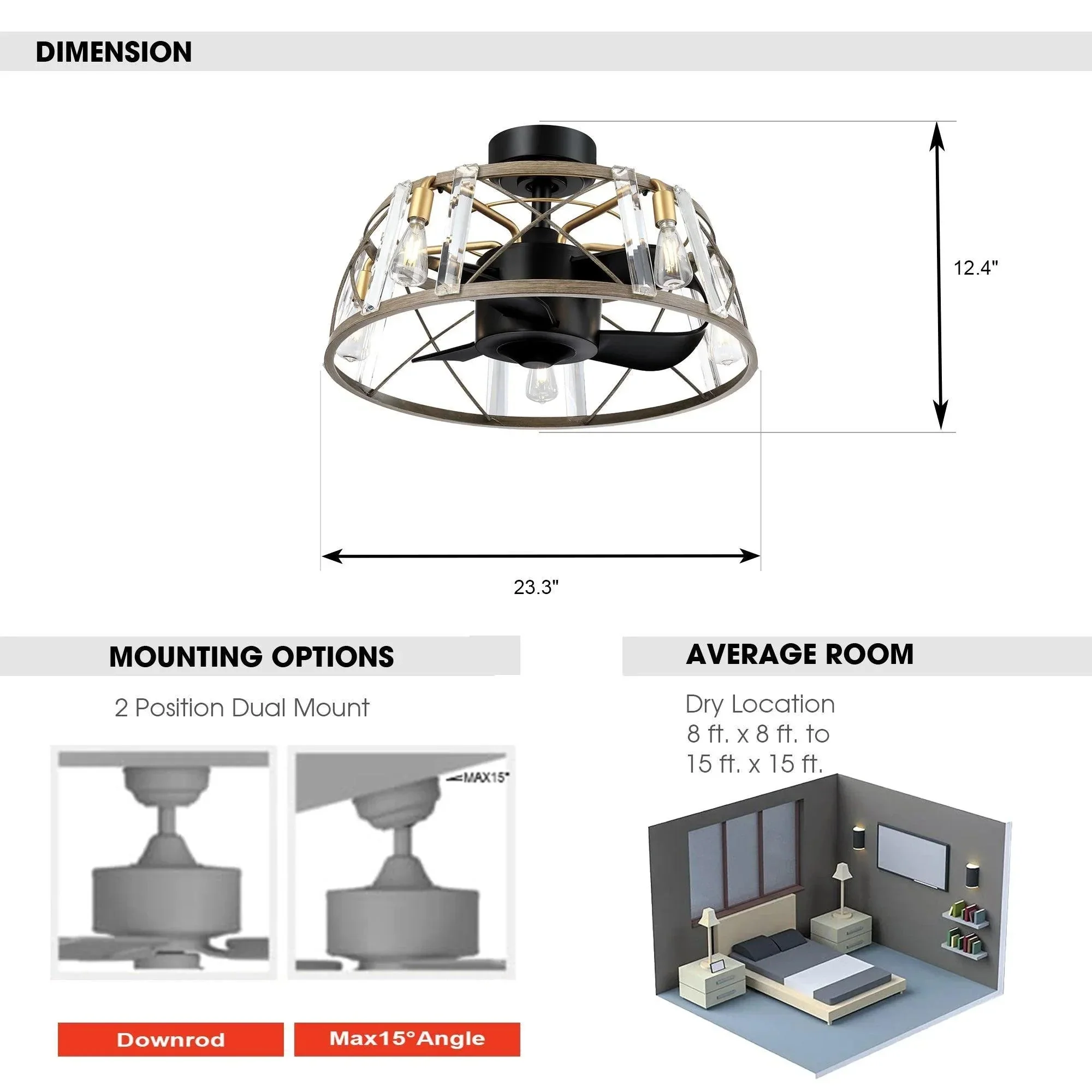 Parrot Uncle 23-Inch Modern Satin Nickel DC Motor Downrod Mount Reversible Fandelier Ceiling Fan with Lighting and Remote Control - Image 10