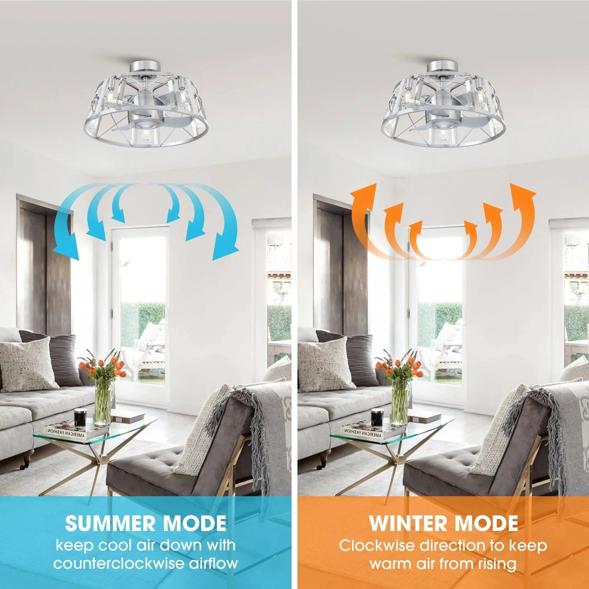 Parrot Uncle 23-Inch Modern Satin Nickel DC Motor Downrod Mount Reversible Fandelier Ceiling Fan with Lighting and Remote Control - Image 6