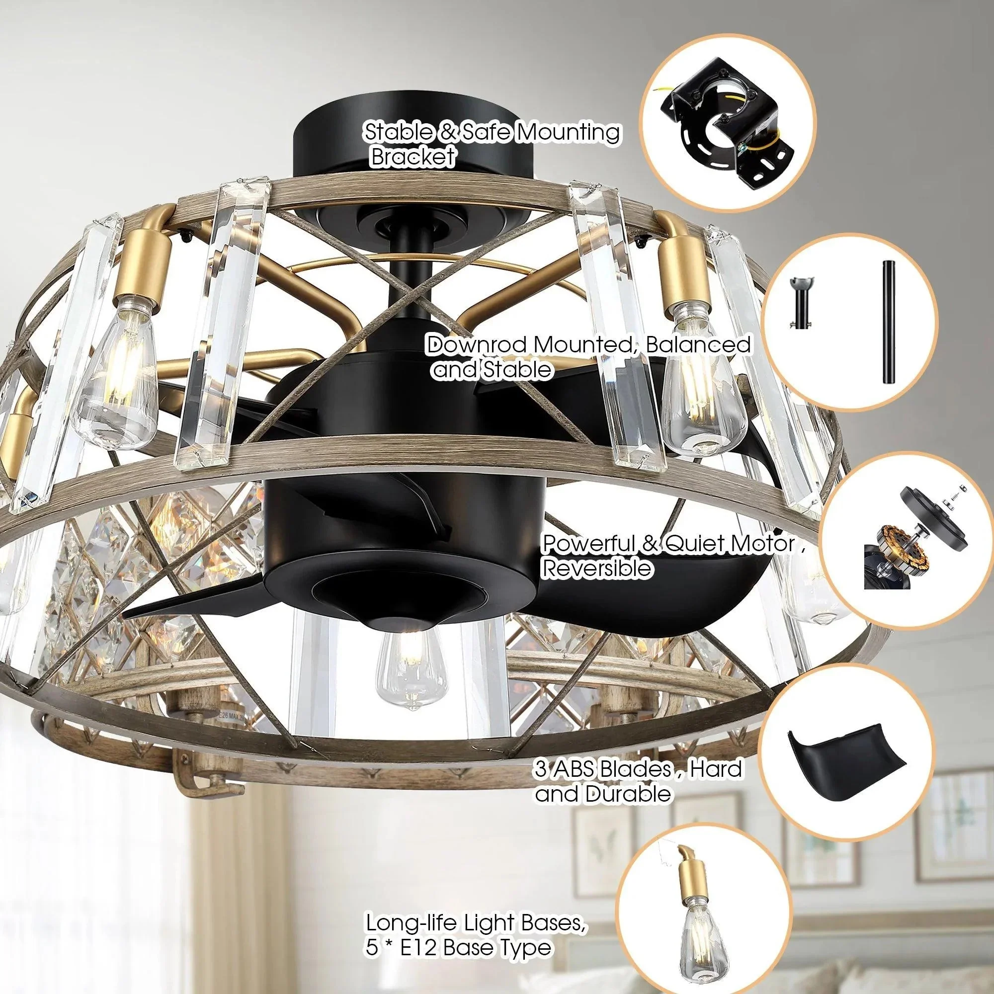 Parrot Uncle 23-Inch Modern Satin Nickel DC Motor Downrod Mount Reversible Fandelier Ceiling Fan with Lighting and Remote Control - Image 7