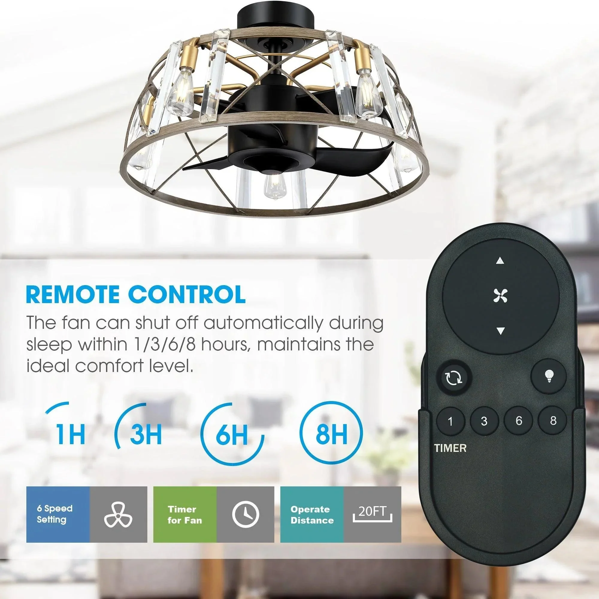 Parrot Uncle 23-Inch Modern Satin Nickel DC Motor Downrod Mount Reversible Fandelier Ceiling Fan with Lighting and Remote Control - Image 8