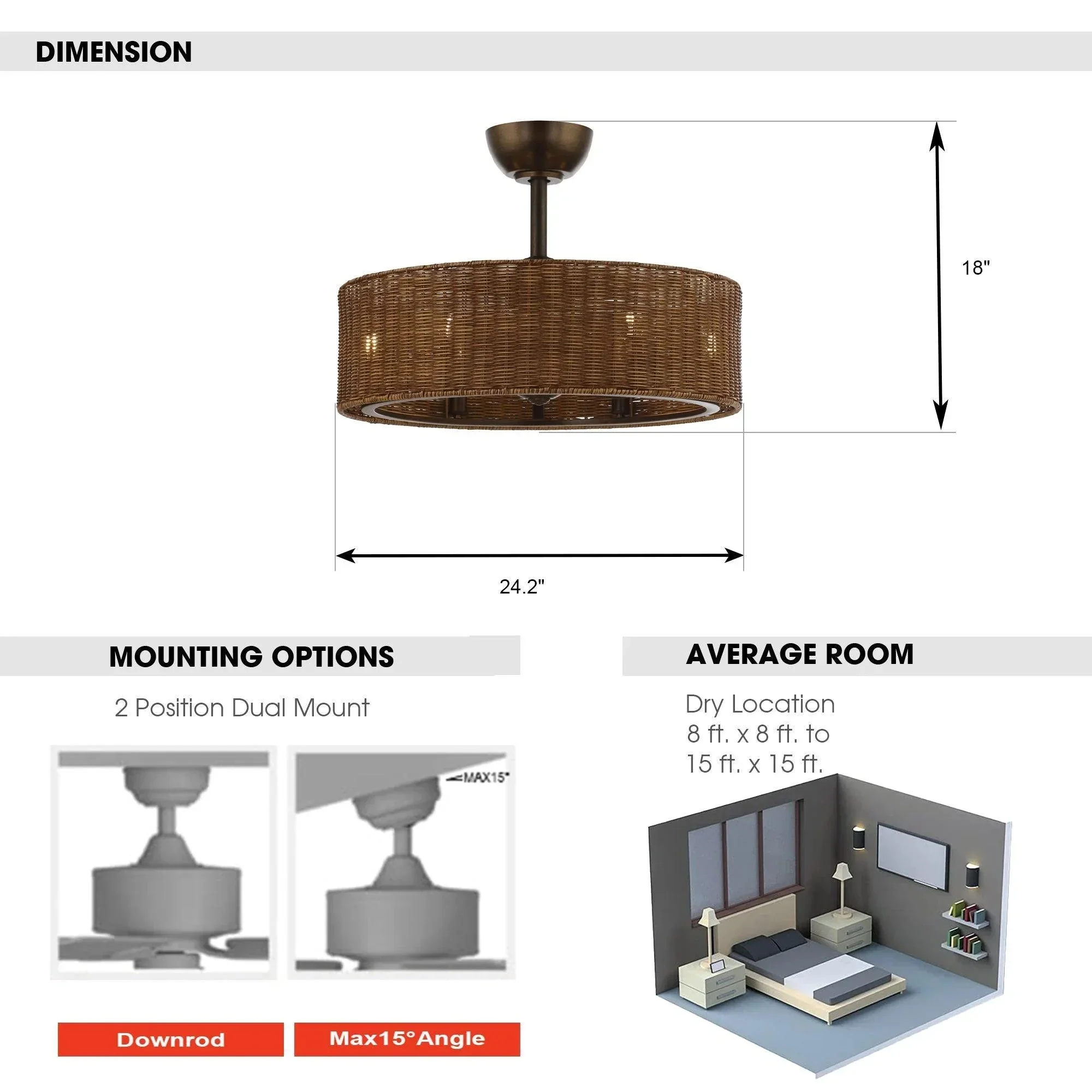 Parrot Uncle 24-Inch Farmhouse DC Motor Ceiling Fan with Lighting and Remote Control (A556606CA110V) - Image 11