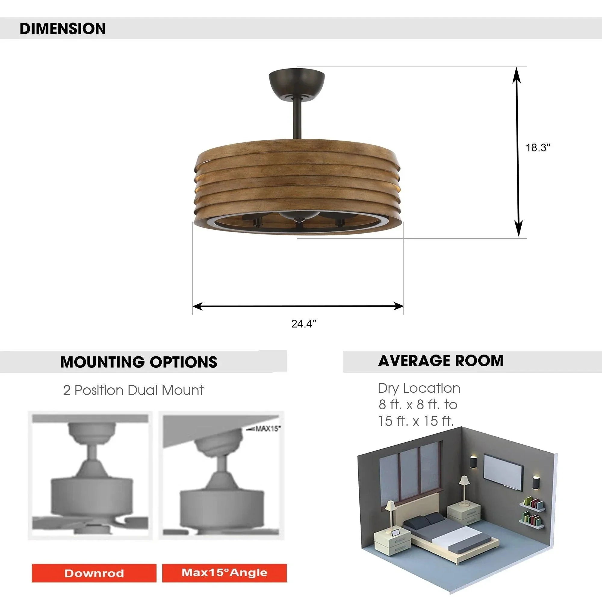 Parrot Uncle 24-Inch Farmhouse DC Motor Downrod Mount Reversible Fandelier Ceiling Fan with Lighting and Remote Control (A560706CA110V) - Image 9