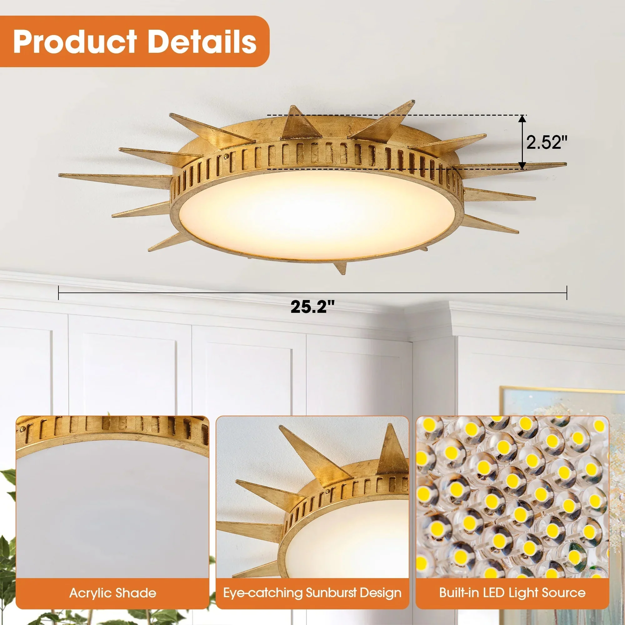 Parrot Uncle 25-Inch Dana Vintage Golden Sunburst Flush Mount LED Light (BBC3002) - Image 8