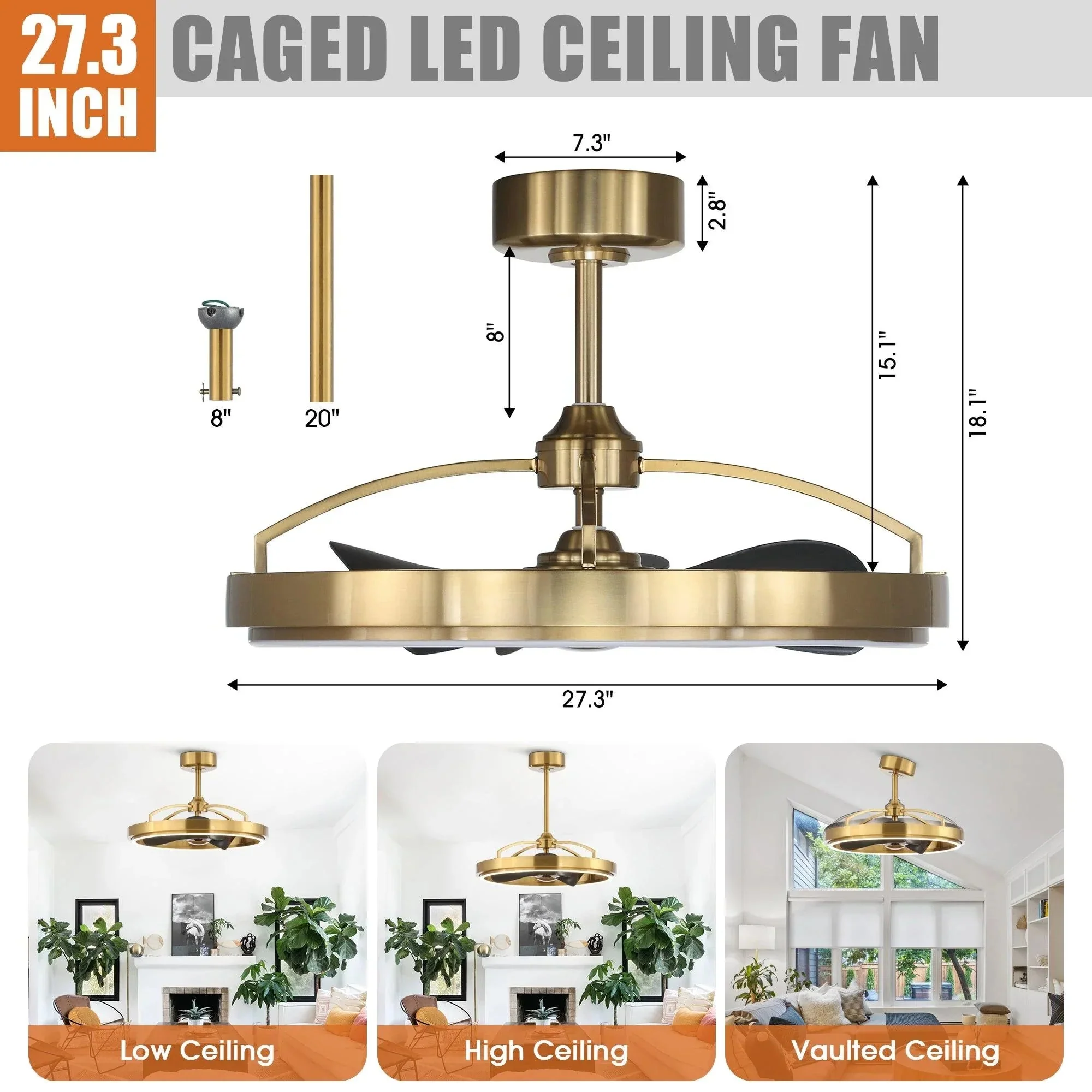 Parrot Uncle 27-Inch Arthur Industrial DC Motor Downrod Mount Ceiling Fan with Lighting and Remote Control (F8315110V) - Image 4