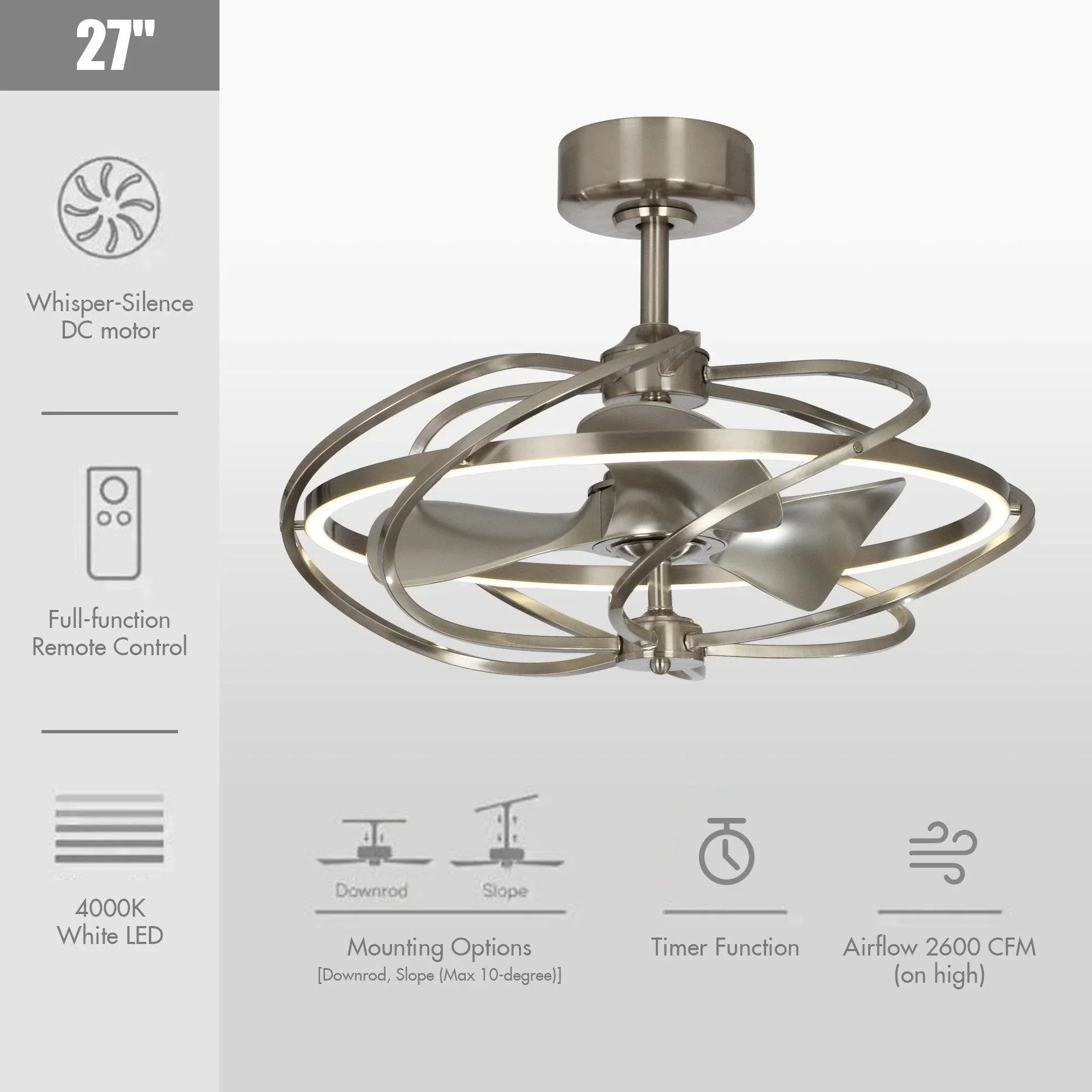 Parrot Uncle 27-Inch Bucholz Industrial DC Motor Brushed Nickel Downrod Mount Reversible Ceiling Fan with Lighting and Remote Control (F8203A110V) - Image 14