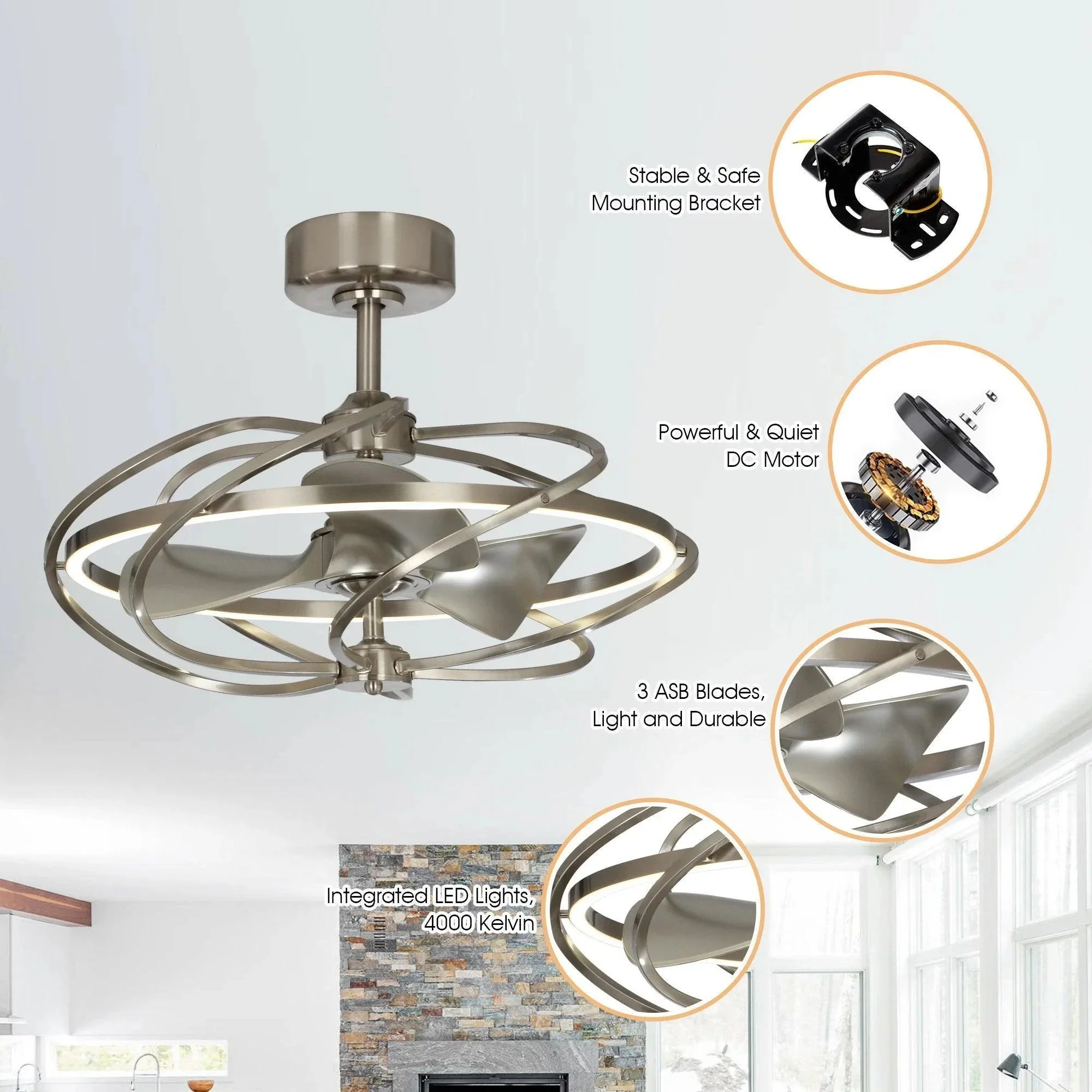 Parrot Uncle 27-Inch Bucholz Industrial DC Motor Brushed Nickel Downrod Mount Reversible Ceiling Fan with Lighting and Remote Control (F8203A110V) - Image 3