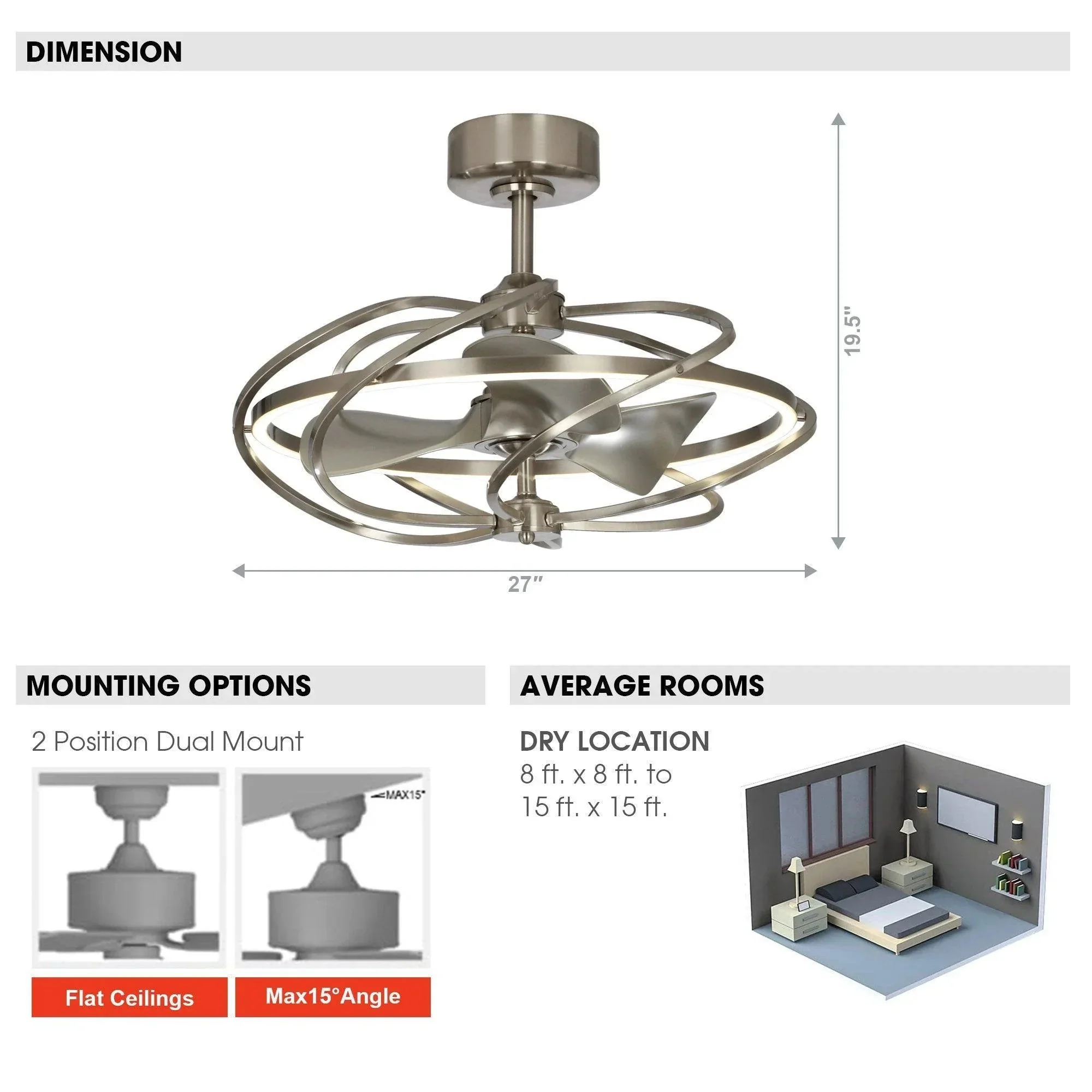 Parrot Uncle 27-Inch Bucholz Industrial DC Motor Brushed Nickel Downrod Mount Reversible Ceiling Fan with Lighting and Remote Control (F8203A110V) - Image 8