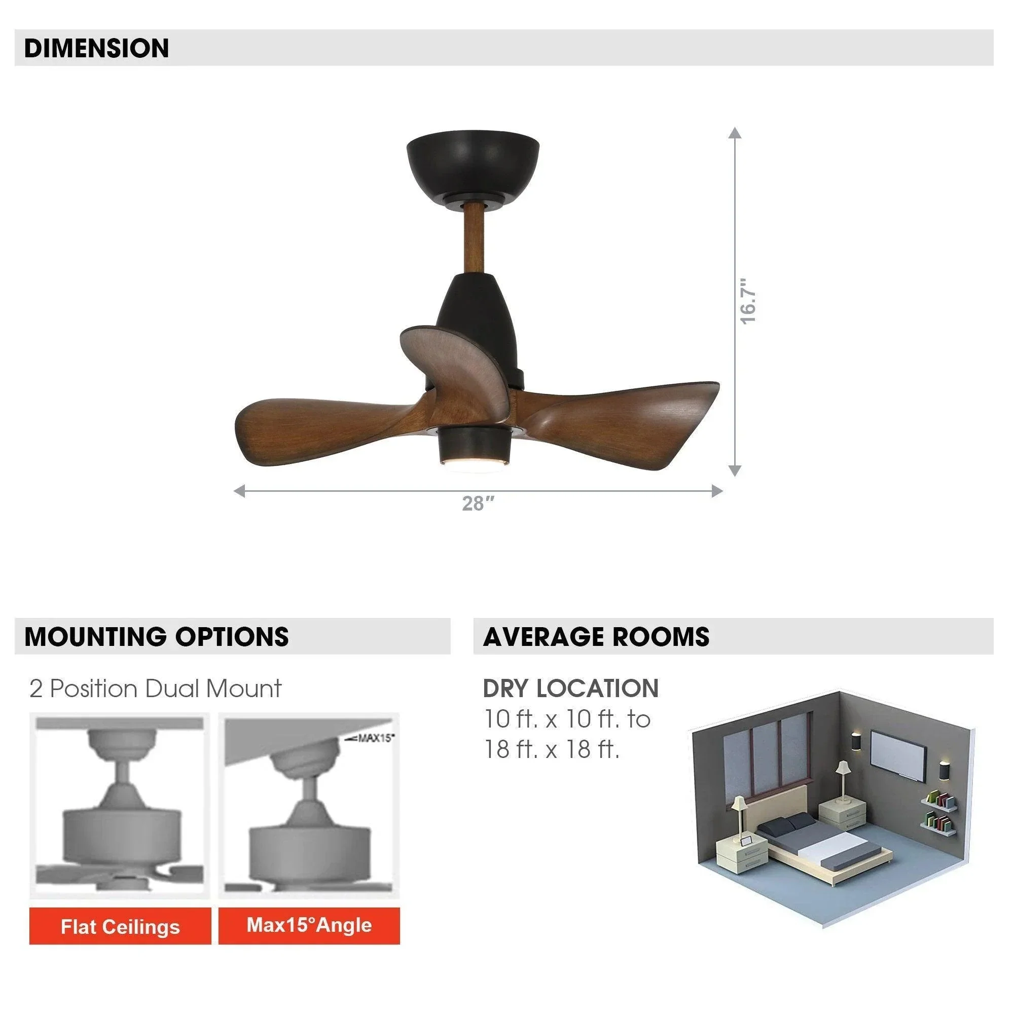 Parrot Uncle 28-Inch Kwang Farmhouse DC Motor Downrod Mount Reversible Ceiling Fan with LED Lighting and Remote Control - Image 10