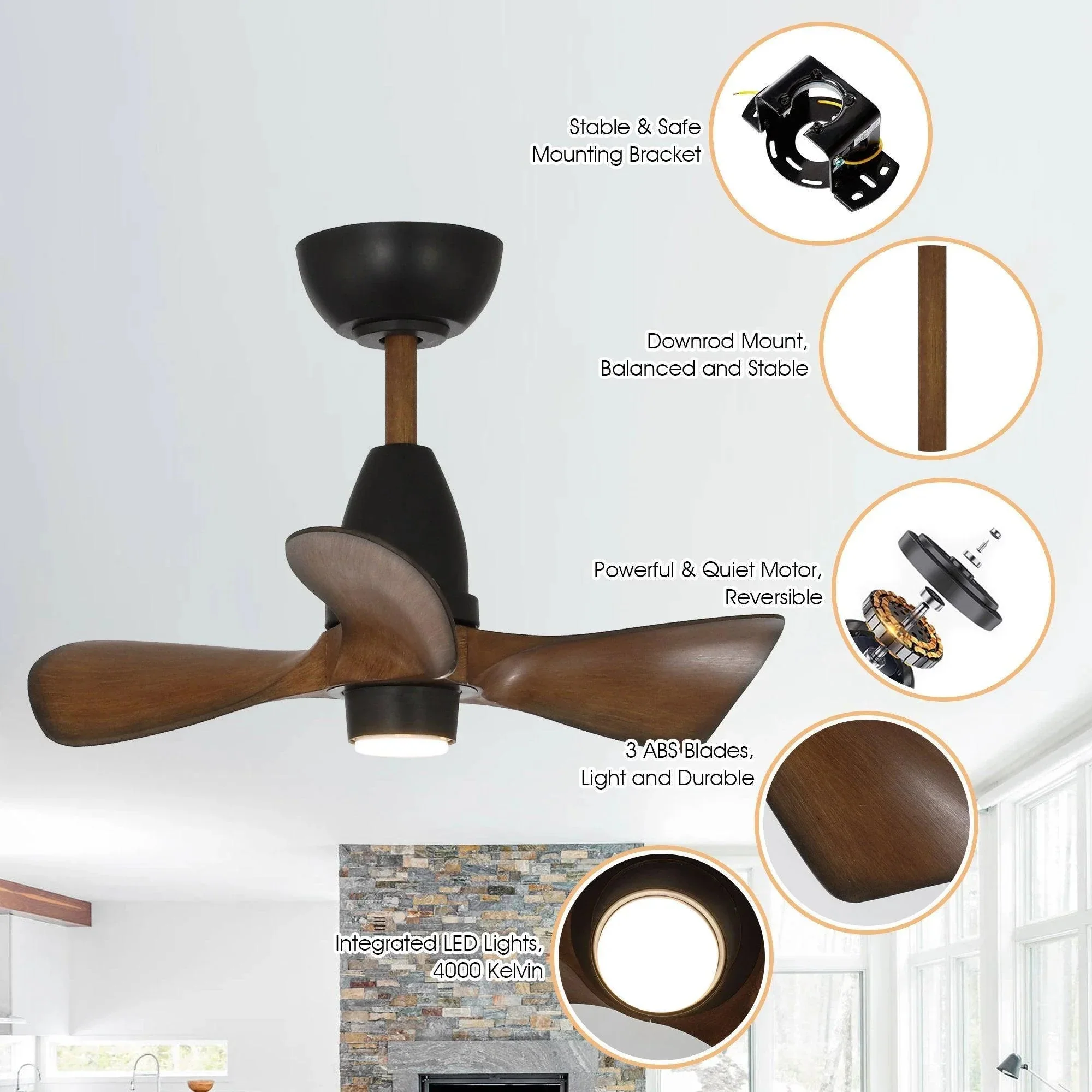 Parrot Uncle 28-Inch Kwang Farmhouse DC Motor Downrod Mount Reversible Ceiling Fan with LED Lighting and Remote Control - Image 7