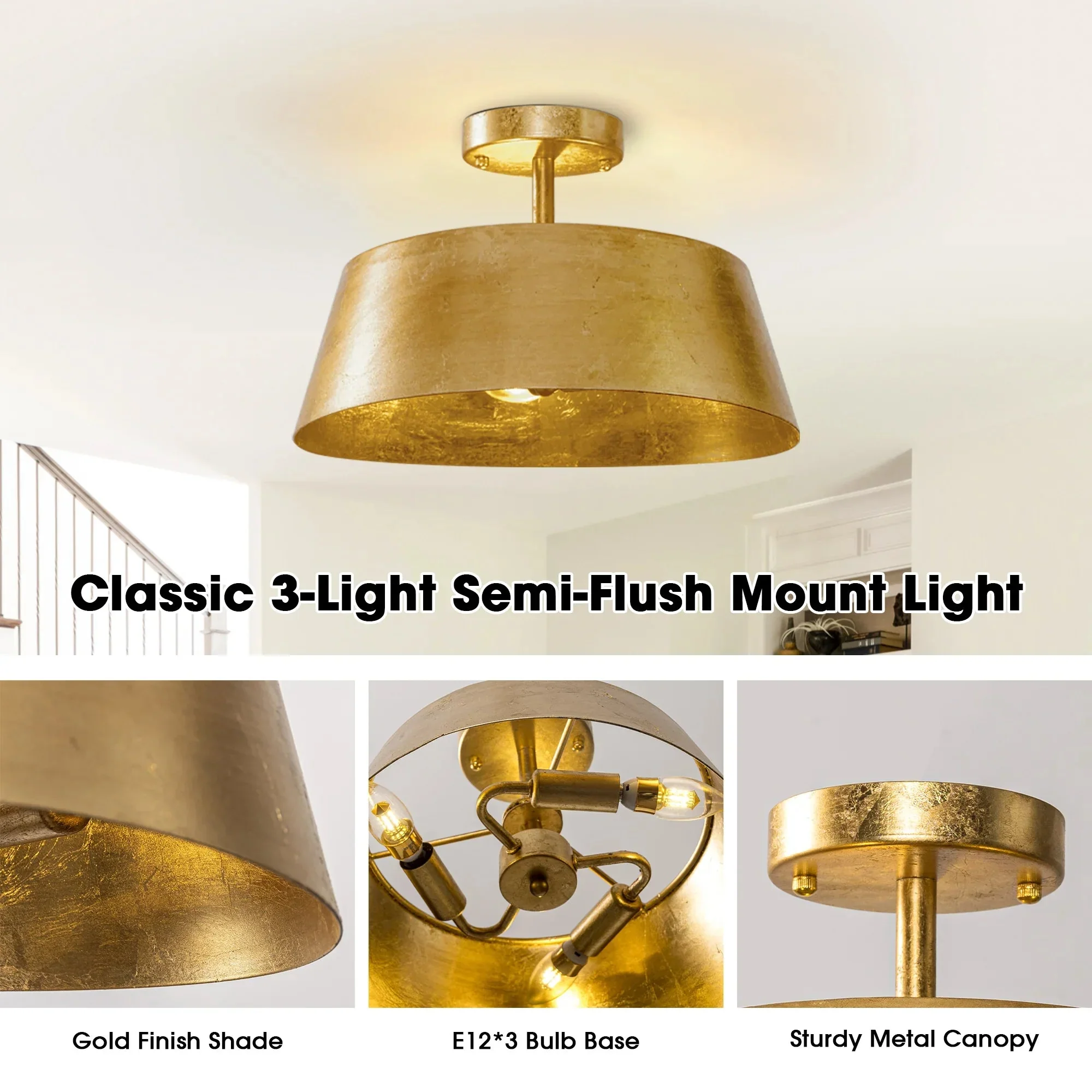 Parrot Uncle 3-Light Golden Semi Flush Mount Lighting (BBW9746-3) - Image 6