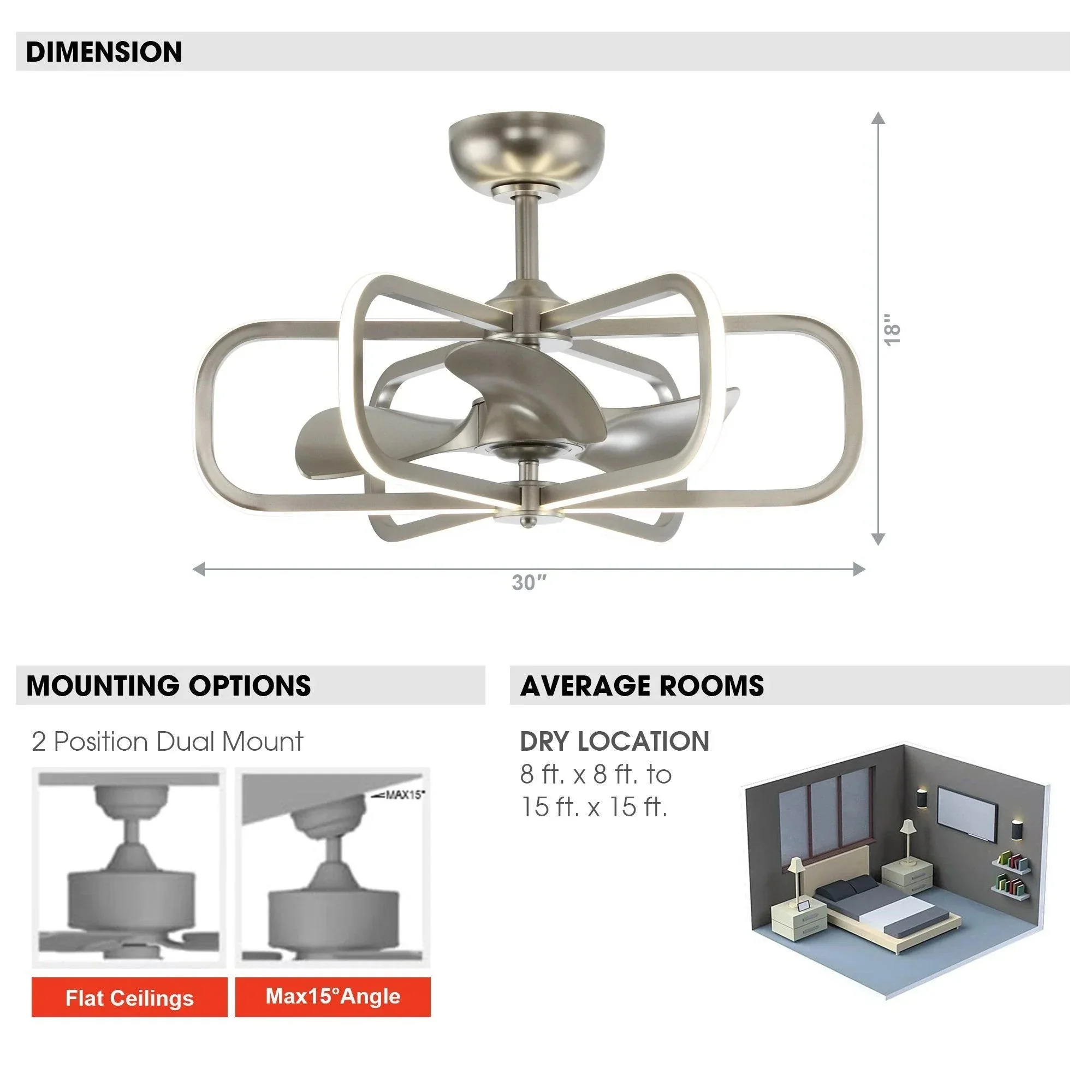 Parrot Uncle 30-Inch Theron Modern DC Motor Downrod Mount Reversible Ceiling Fan with LED Lighting and Remote Control (BBA535406CA110V) - Image 7