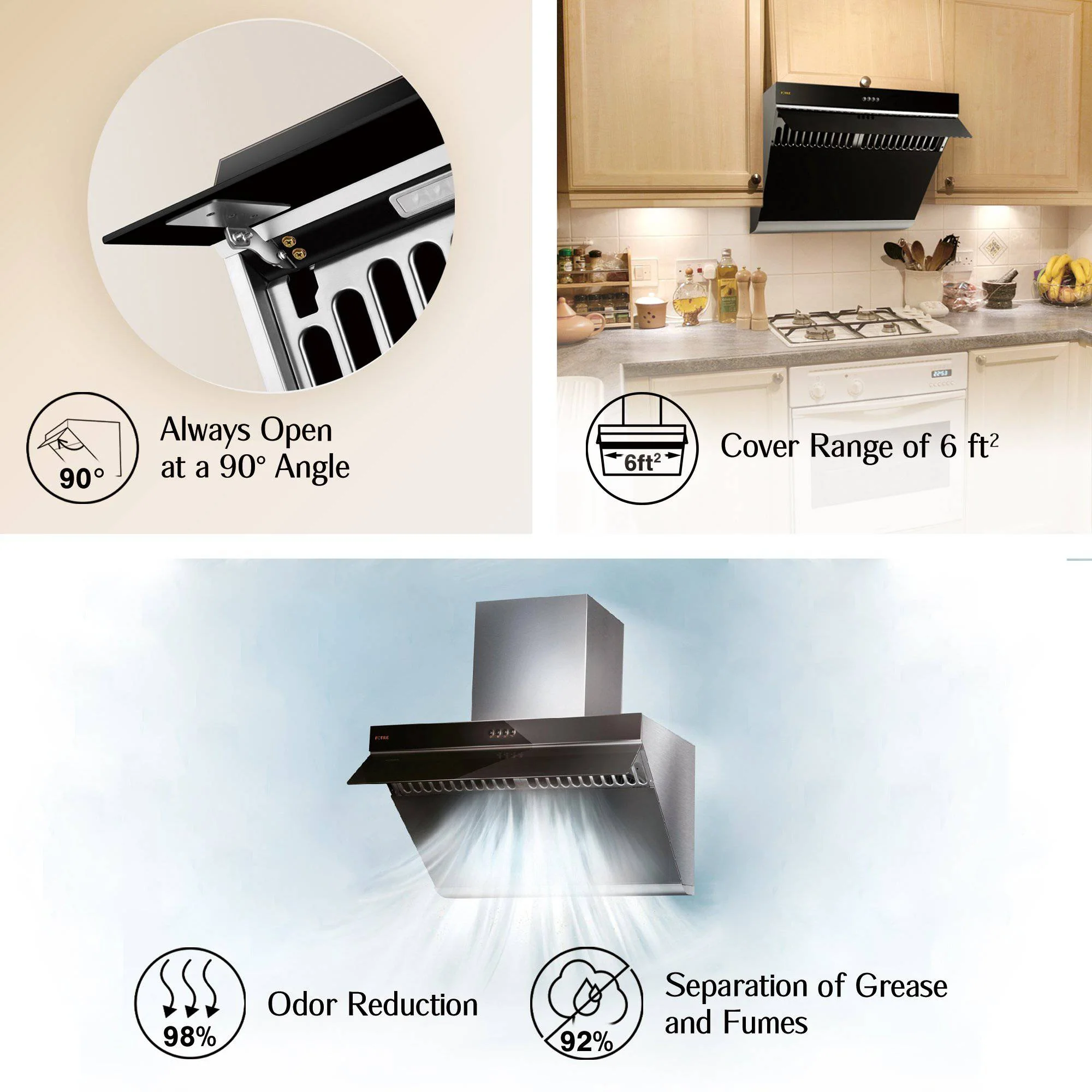 Fotile Slant Vent Series 30" 850 CFM Under Cabinet or Wall Mount Range Hood with 2 LED lights, and Push Buttons in Onyx Black Tempered Glass (JQG7522) - Image 4