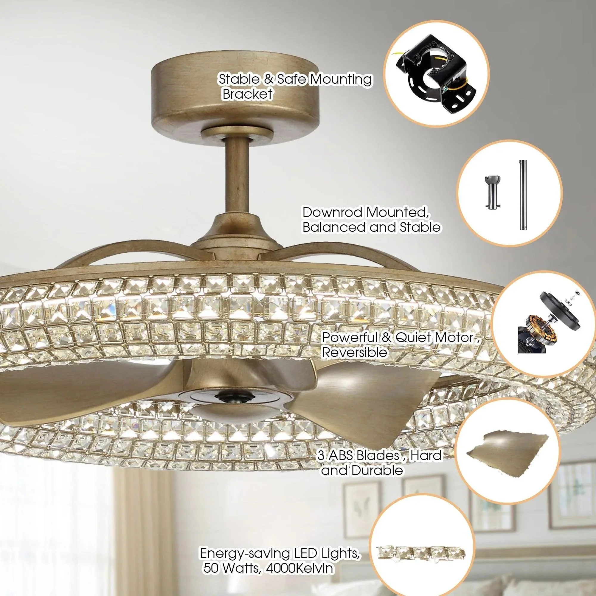 Parrot Uncle 33-Inch Modern DC Motor Crystal Ceiling Fan with Lighting and Remote Control (BBA802901CA110V) - Image 4