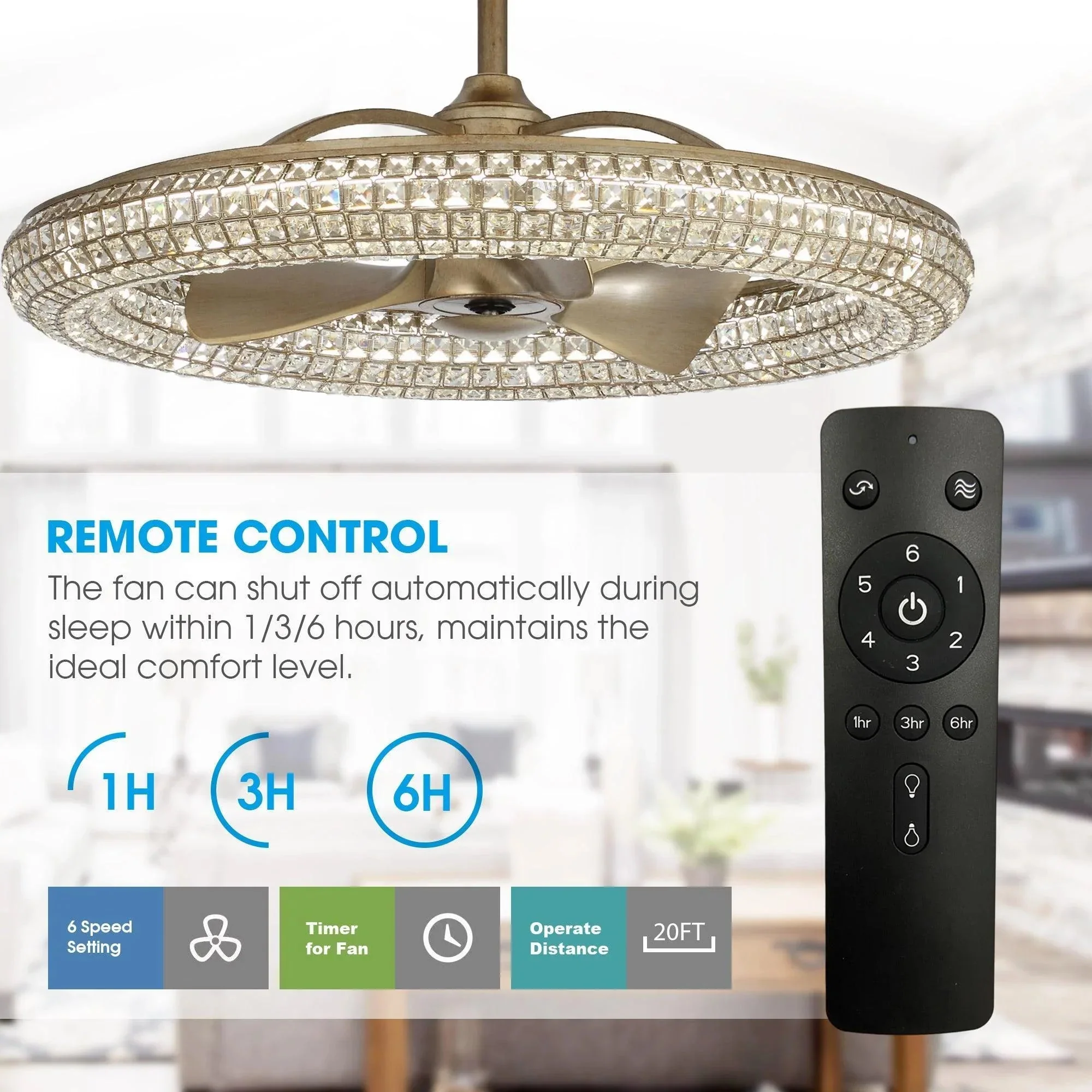 Parrot Uncle 33-Inch Modern DC Motor Crystal Ceiling Fan with Lighting and Remote Control (BBA802901CA110V) - Image 7