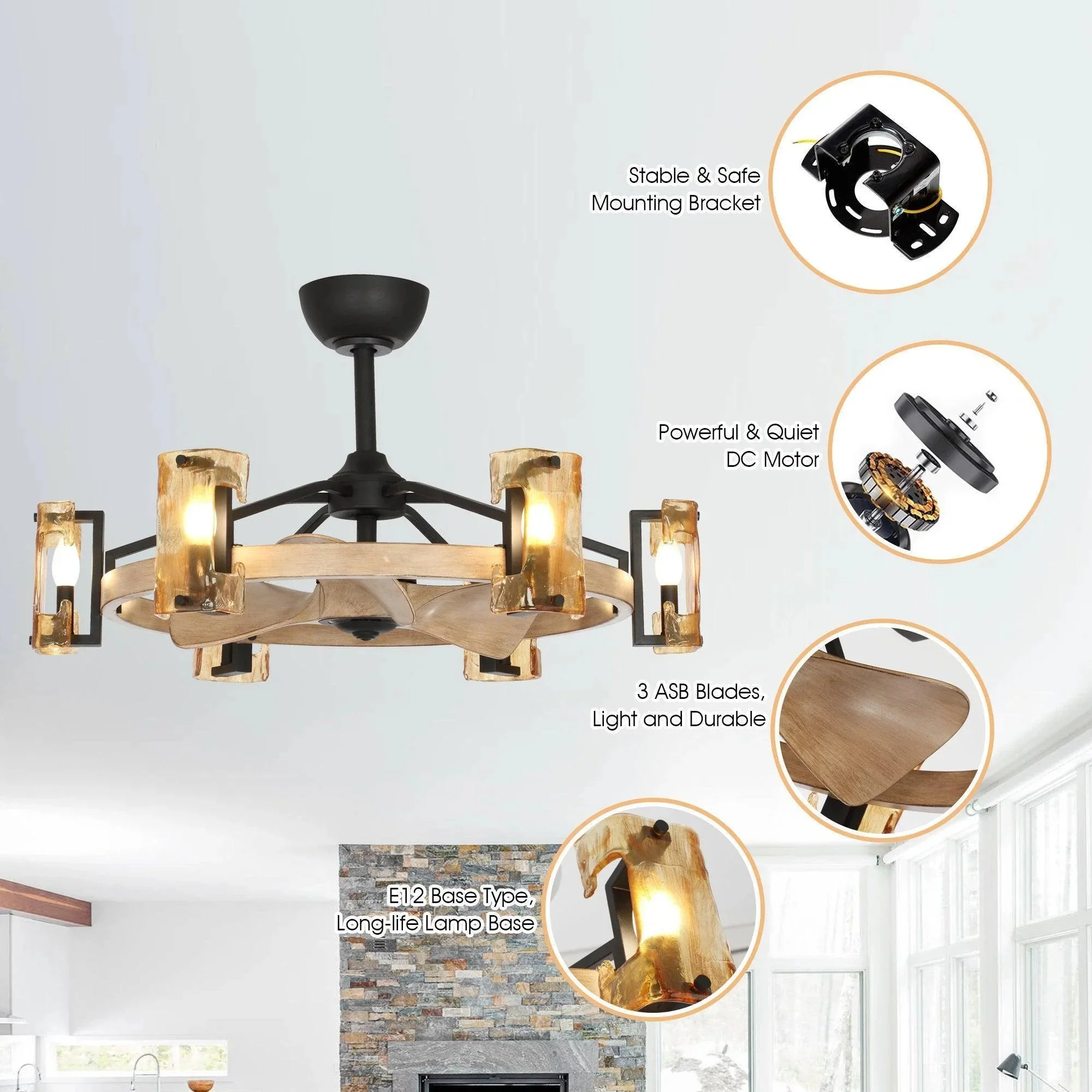 Parrot Uncle 34-Inch Bucholz Farmhouse DC Motor Downrod Mount Reversible Ceiling Fan with Lighting and Remote Control (A829006CA-WOOD) - Image 4